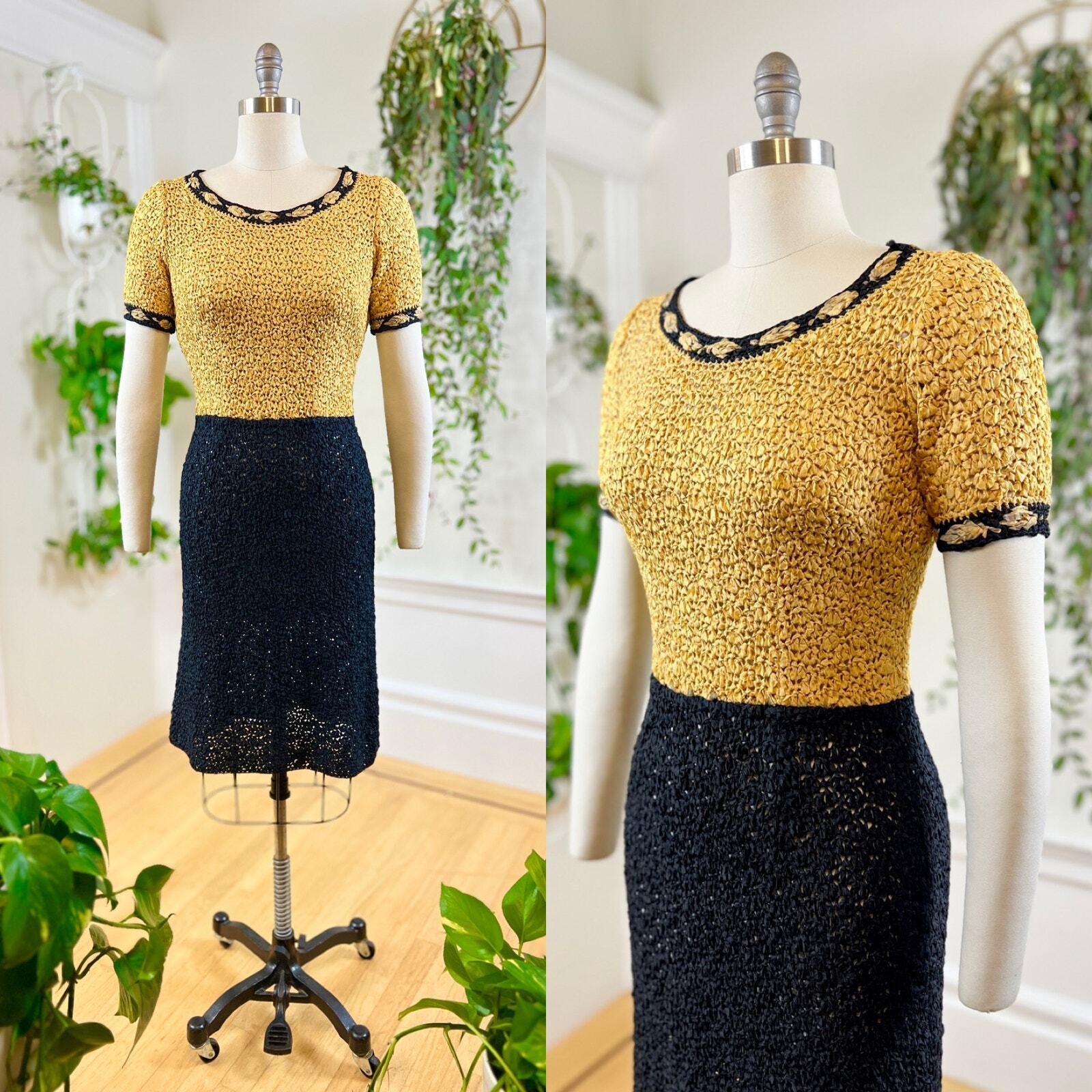 Vintage 1950s Ribbon Knit Dress 50s Color Block Yellow Black Sheath Sweater