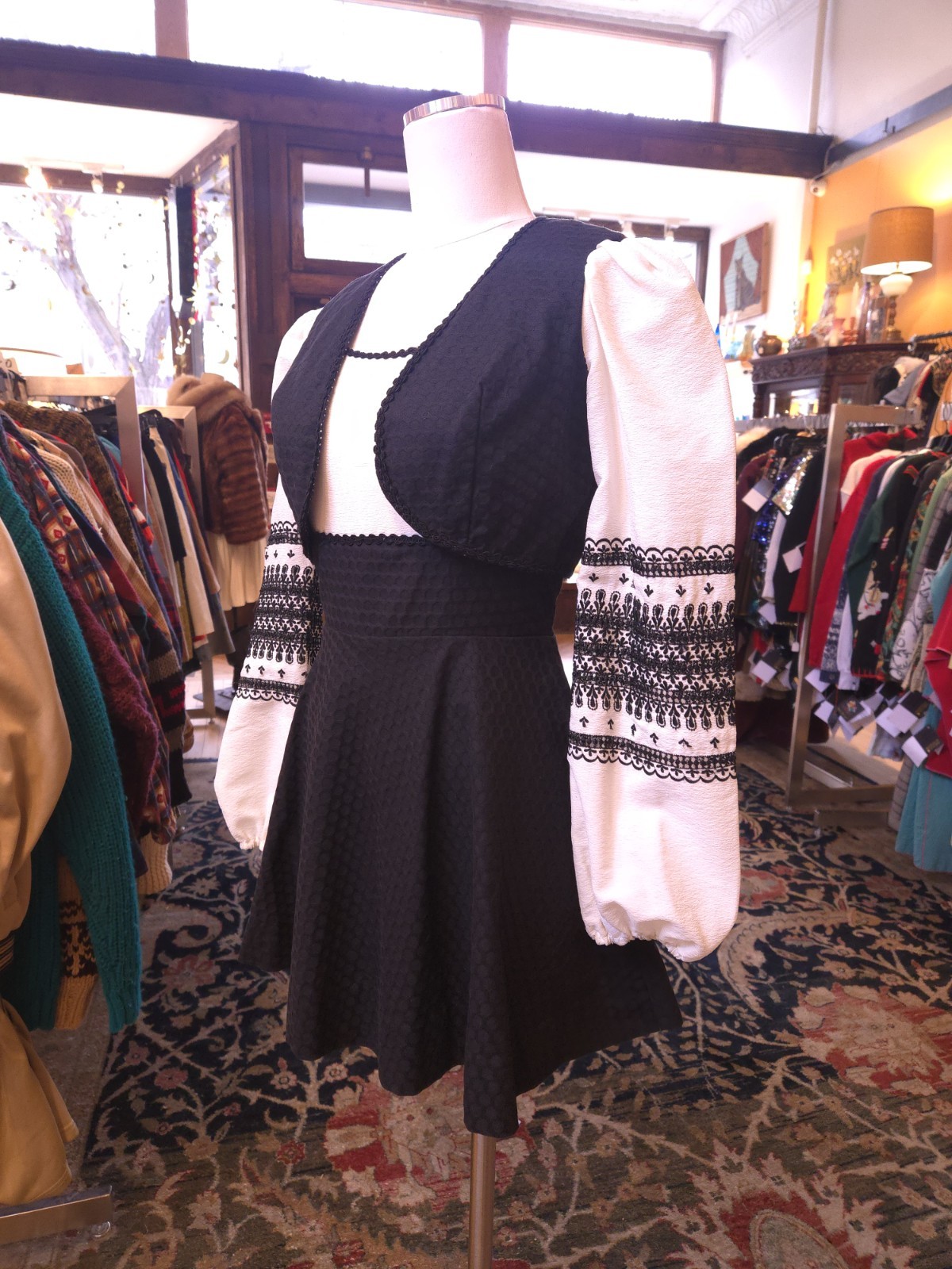 Vtg 1960s Jody California Black Embroidered Dress Prairie Folk Hippy Cottagecore