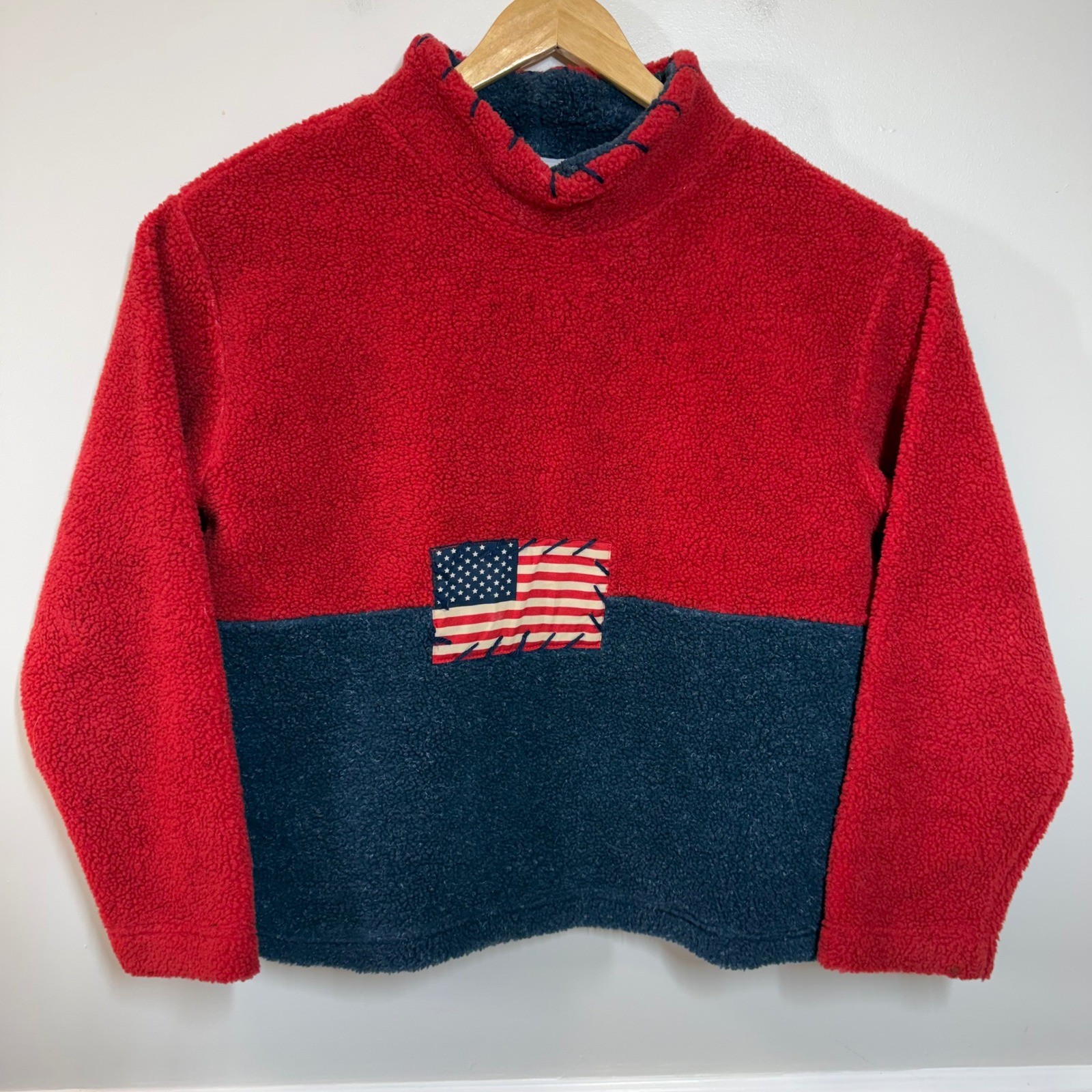 Vintage Real Comfort USA Fleece Pullover L Red Navy Americana Flag Mock Neck