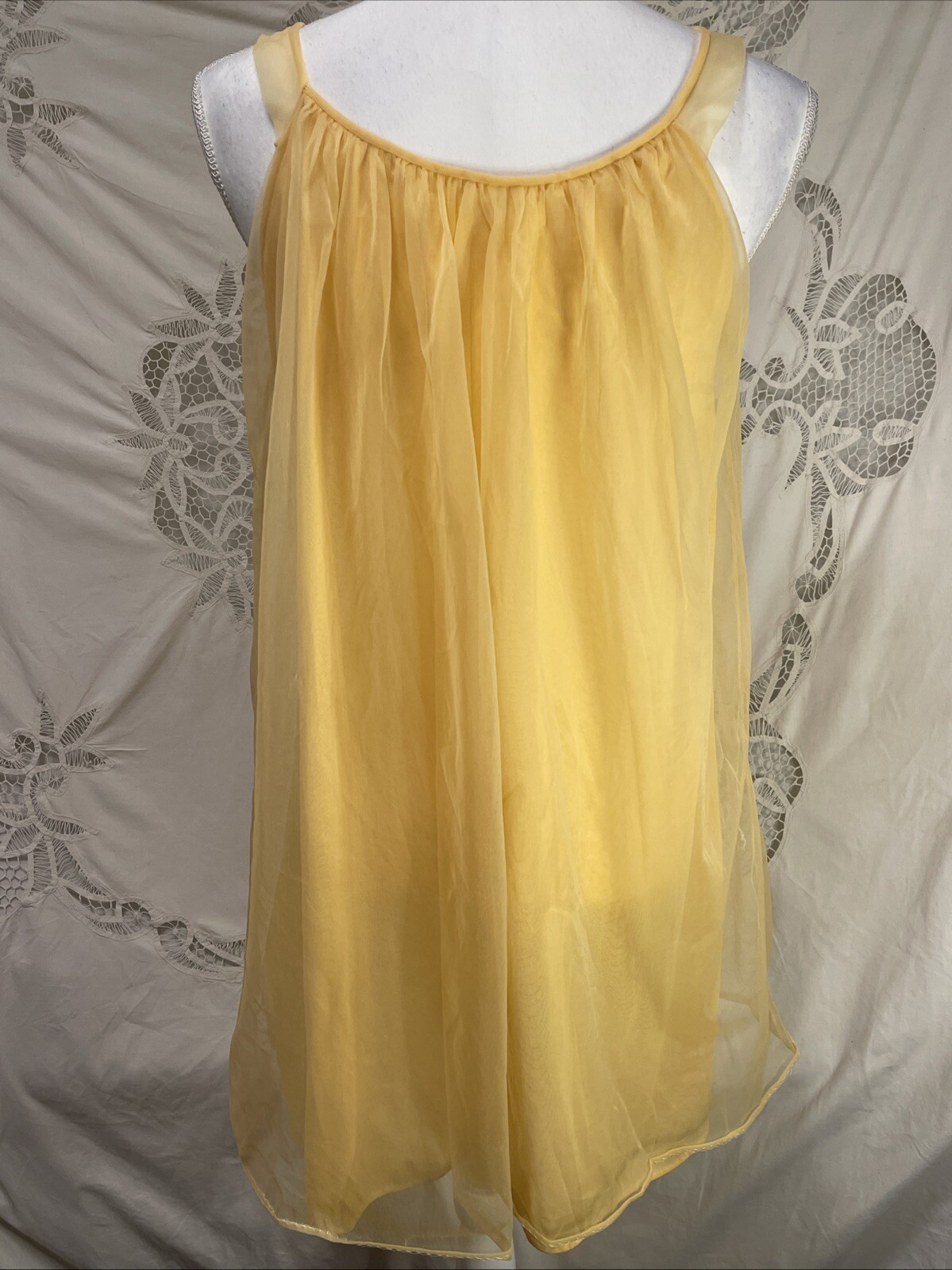Vintage 60s Lisette Gown Babydoll Gold Al Sterling Chiffon Lace Nightie Small