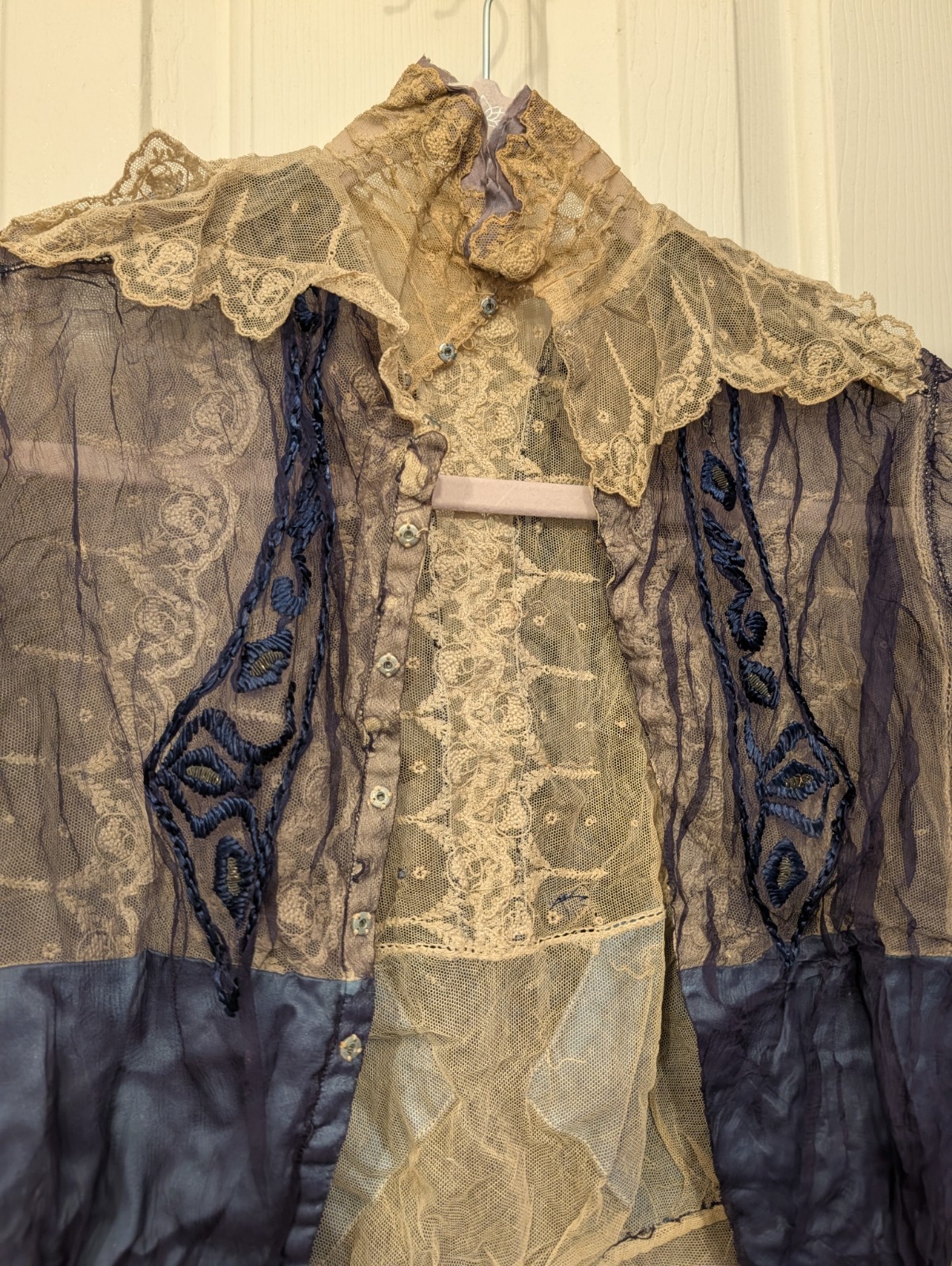 Antique Edwardian Cream Lace Blue Satin XS Women’s Blouse Handmade Bow Details