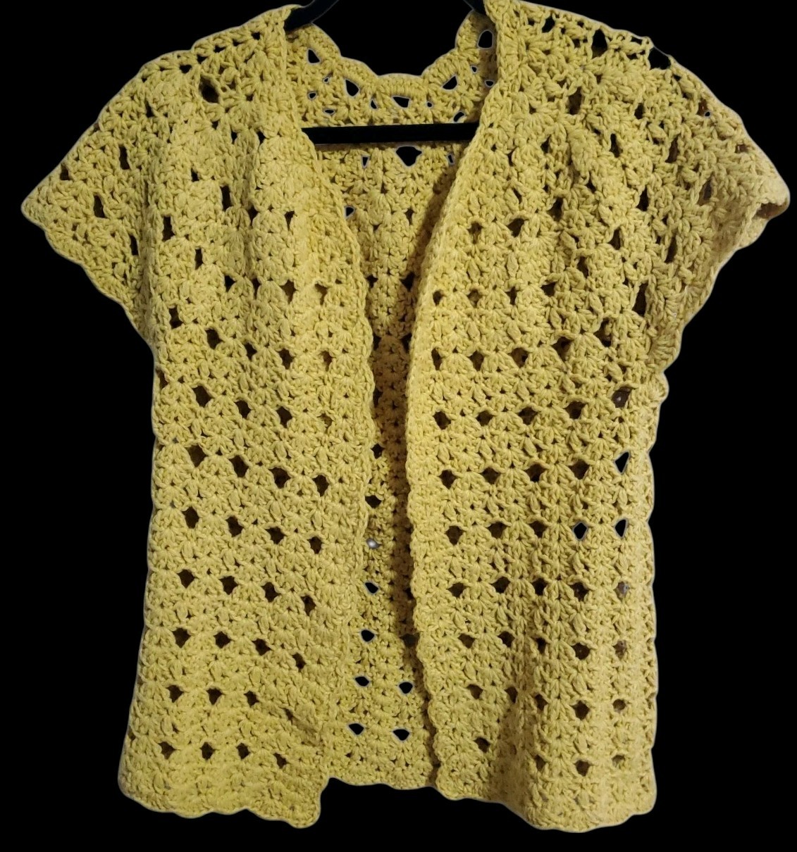 Vintage Crochet Sweater S/M Golden Yellow Handmade Open Front Short Sleeve