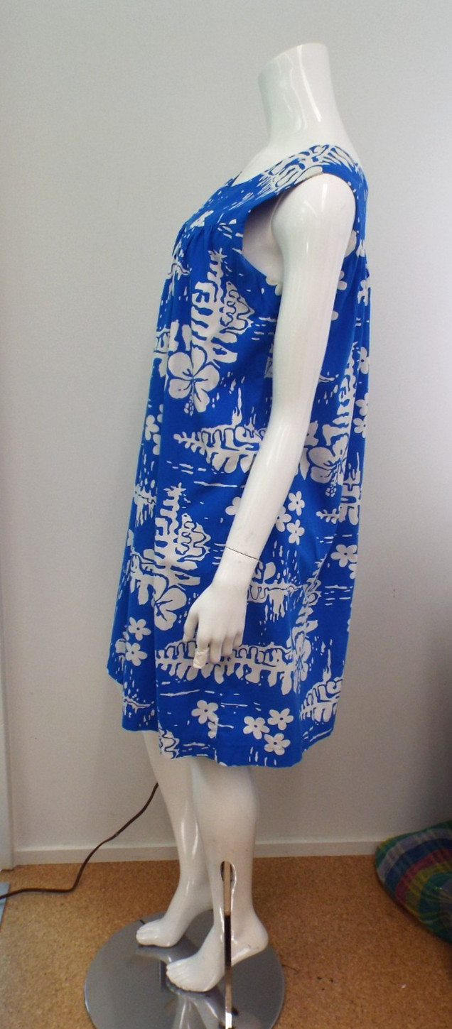 Vintage Ui-Maikai Hawaiian Dress Blue Hibiscus Floral Cotton Sundress Hawaii S/M