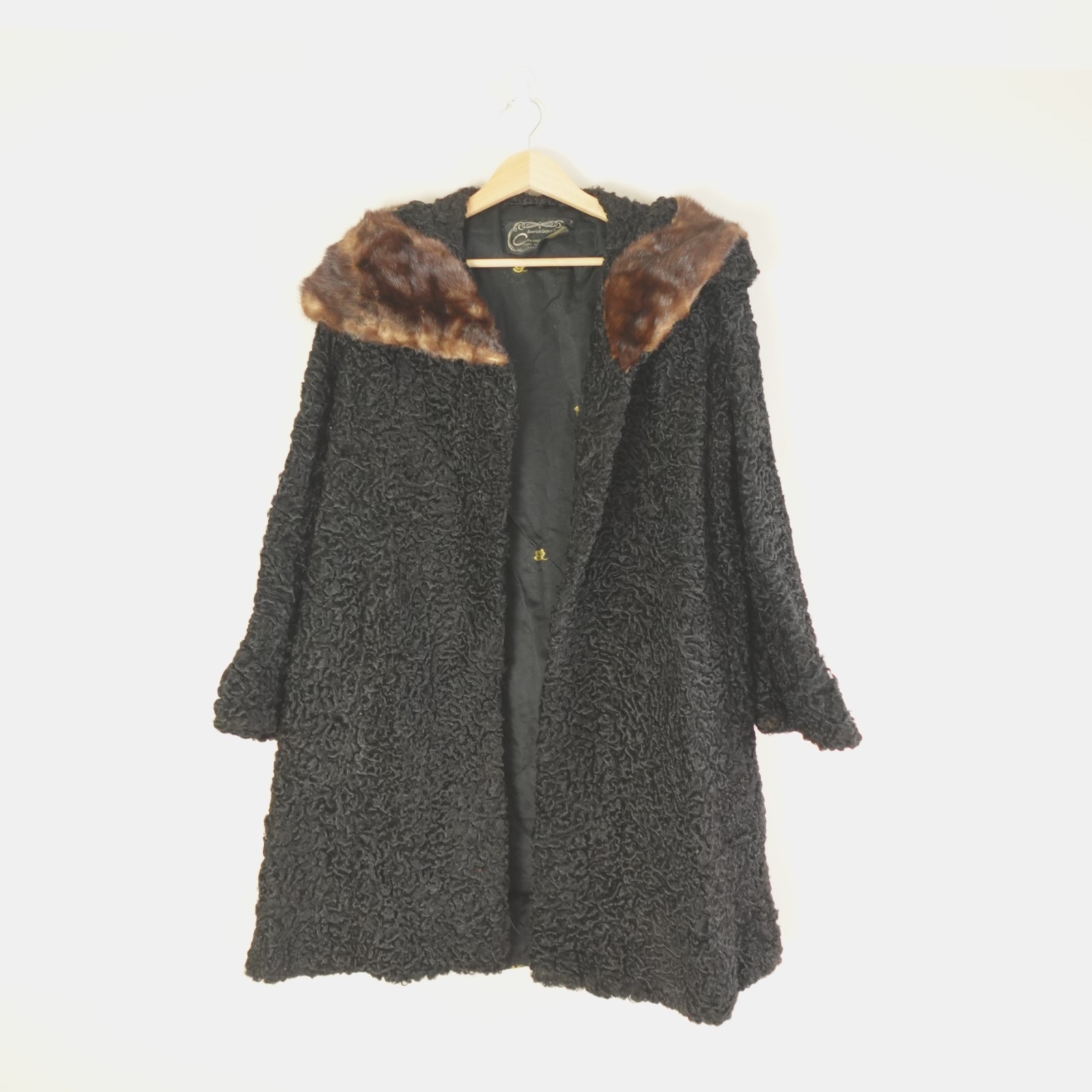 Vintage Persian Lamb Karakul Fur Coat Mink Collar Black Flawed For Repair