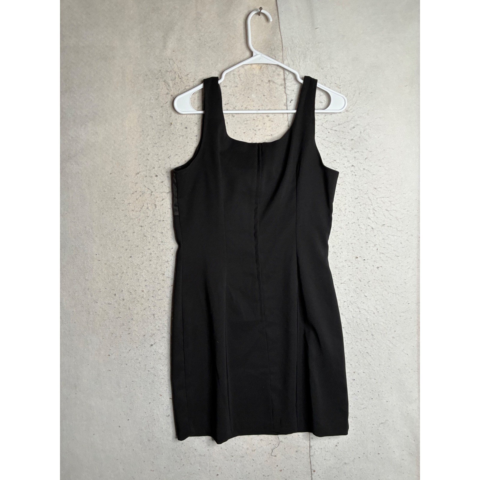 Alyn Paige Vintage Black Satin Crepe Mini Dress Sleeveless Square Neck Sheath