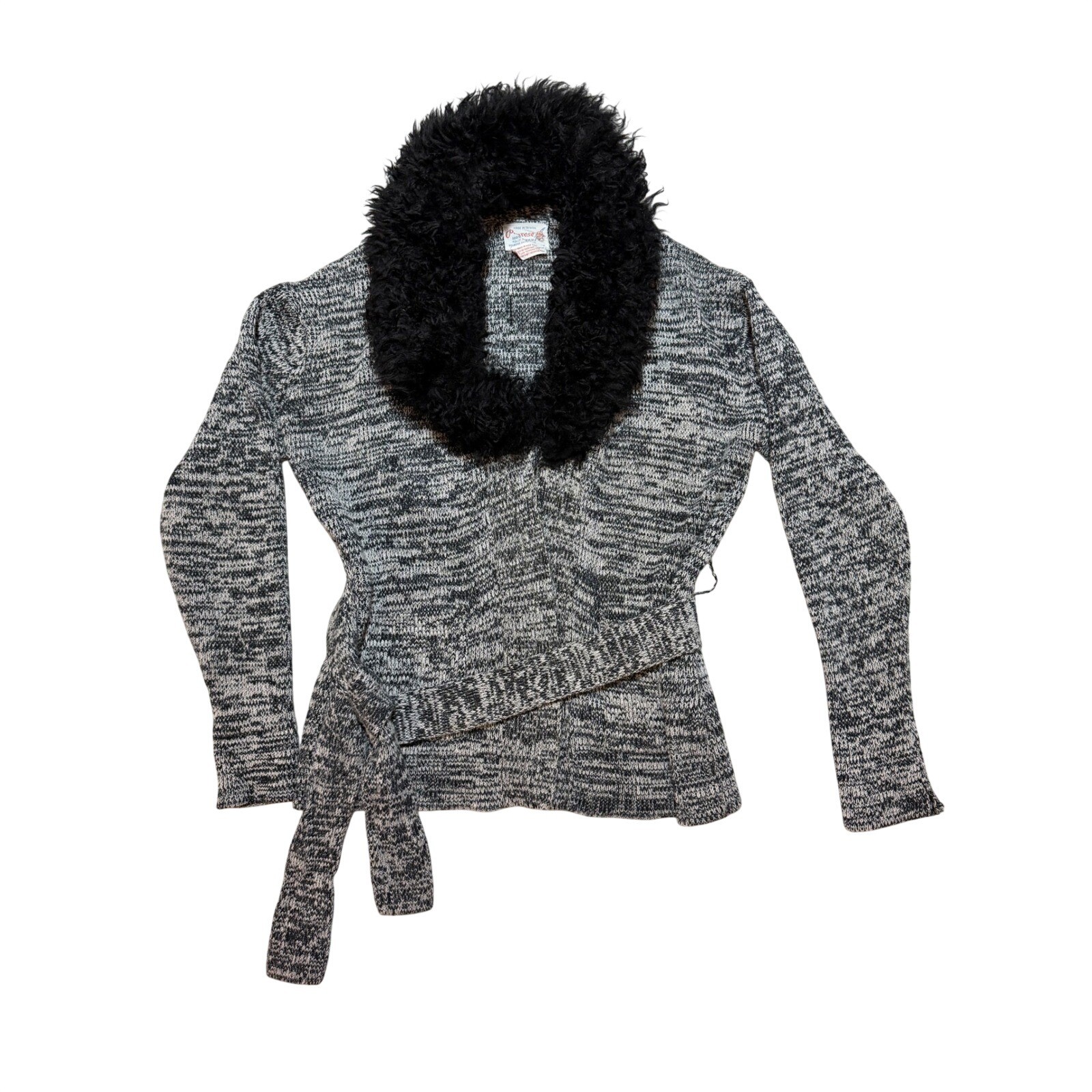 Vintage Penrose Knitwear Marled Wrap Cardigan Faux Fur Collar Black White 70s M