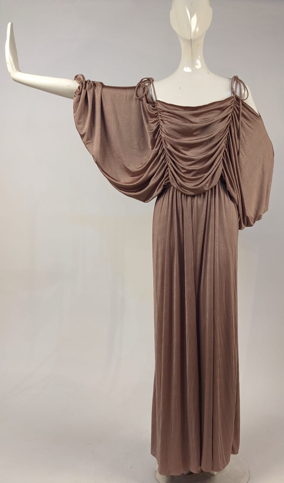 VINTAGE DRAPED METALLIC DOT RAYON LONG DRESS W MASSIVE PUFF SLEEVES 
