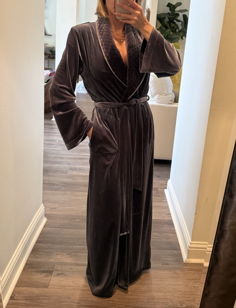 Vintage Diamond Tea Womens Velvet Velour Long Robe Dressing Gown Grey Quilted S