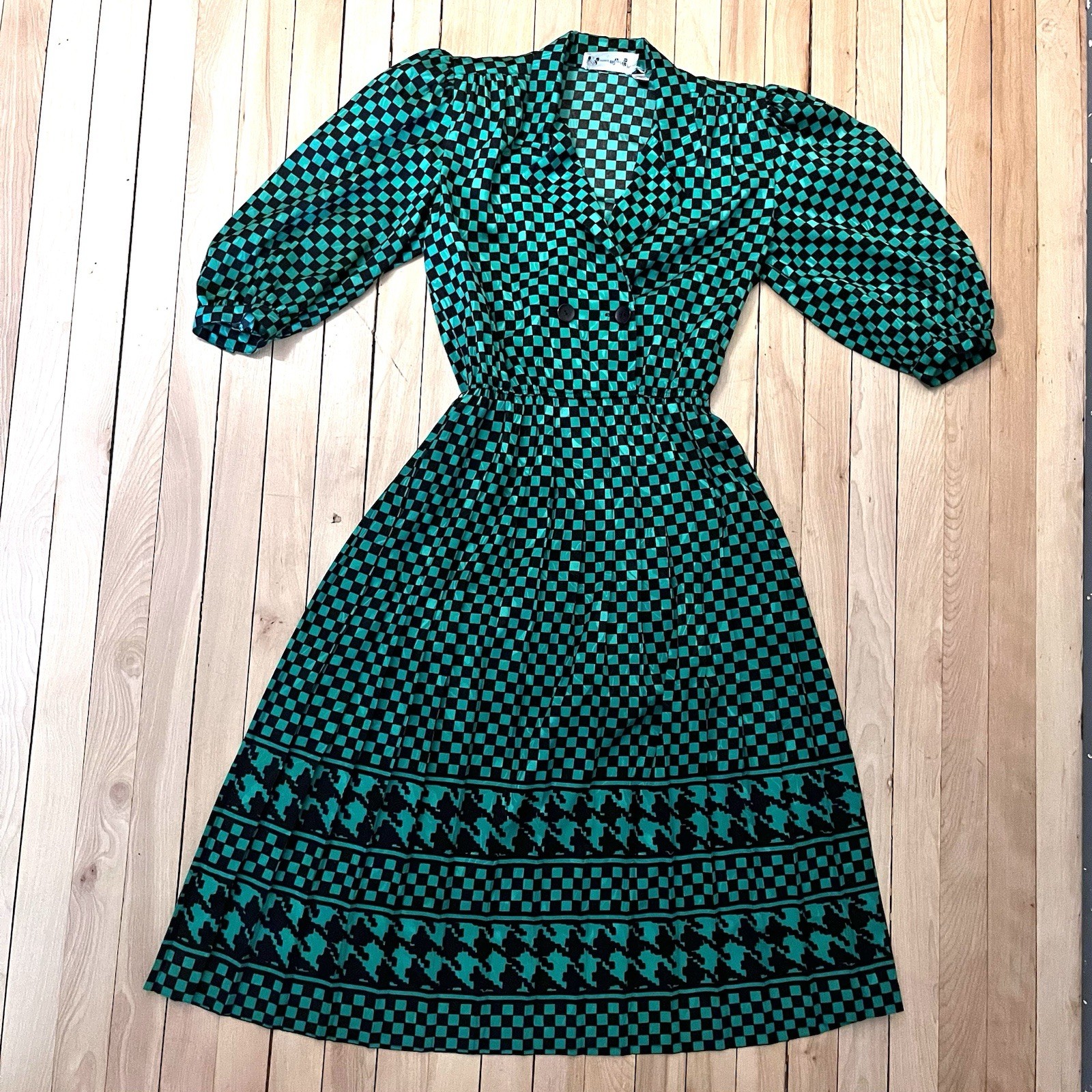 Jaymee Papell Vintage 80’s Green Checkered Dress Cinch Waist Sz 6