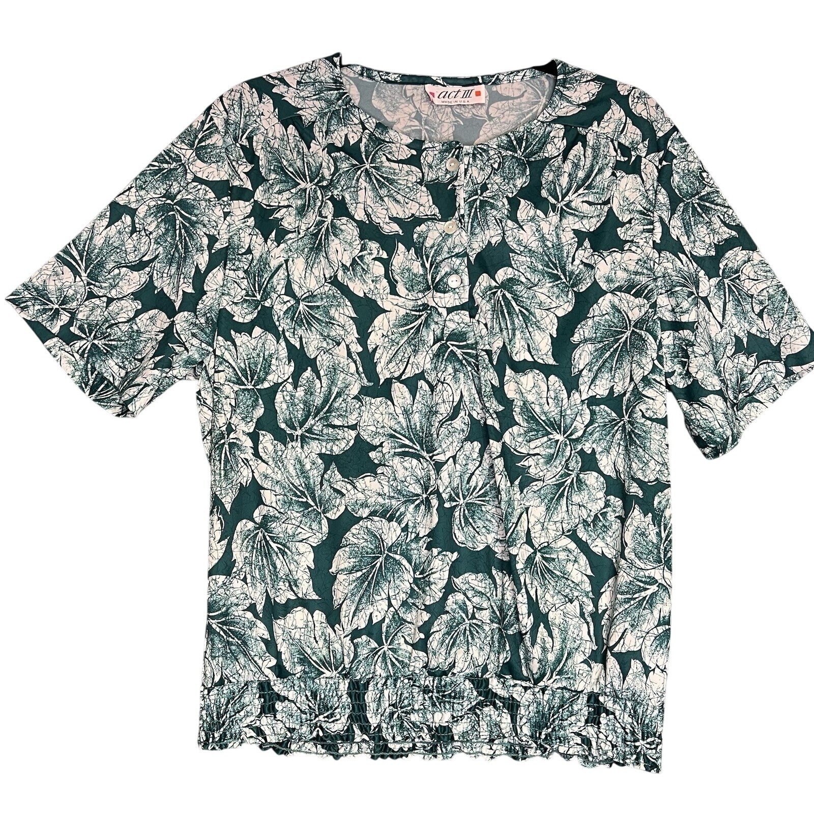 Vintage 80s Act III Top Ladies Large Green White Floral Leaf Shirt Made in USA