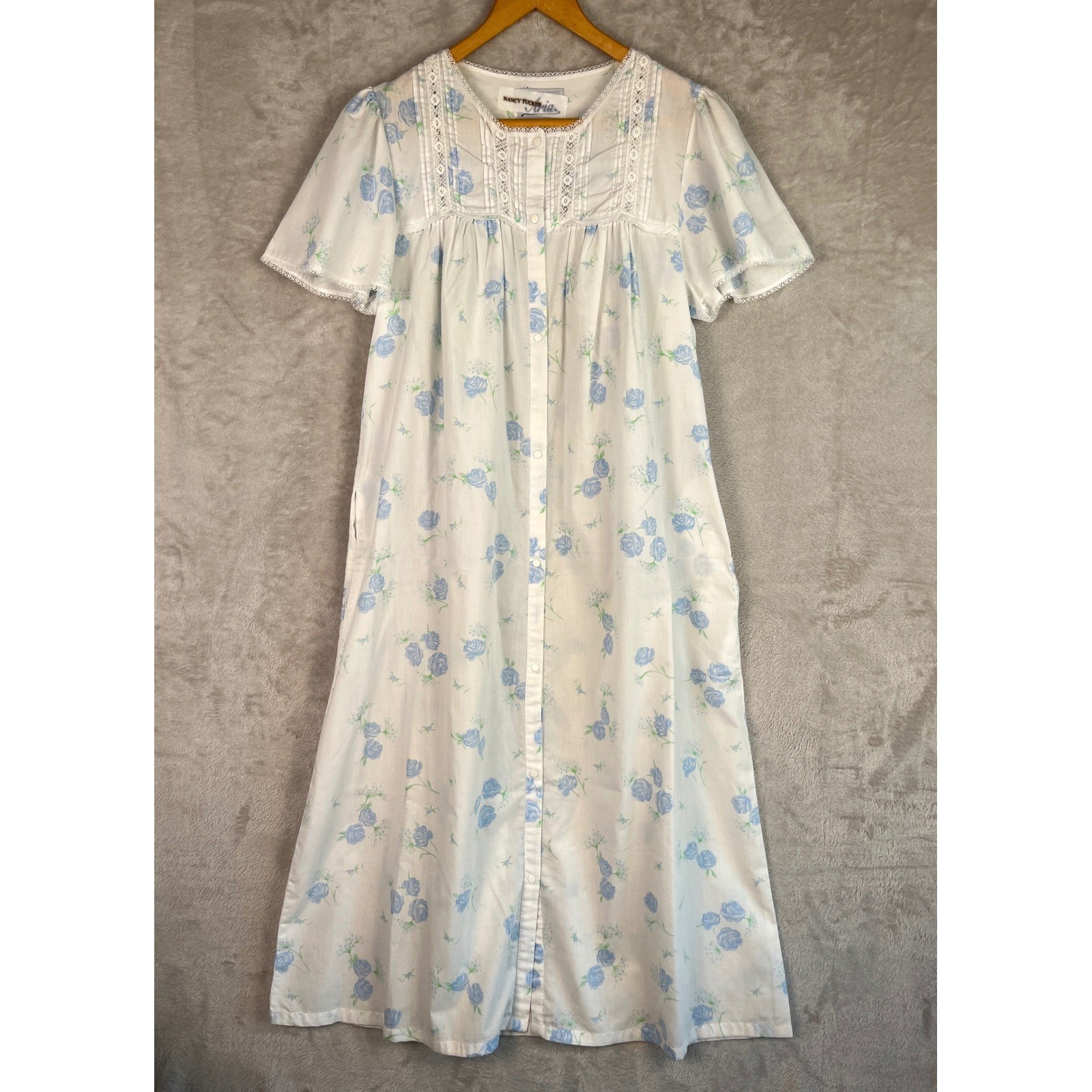 Vintage Aria Nightgown Medium Blue Granny Floral Snap Lace House Dress Long