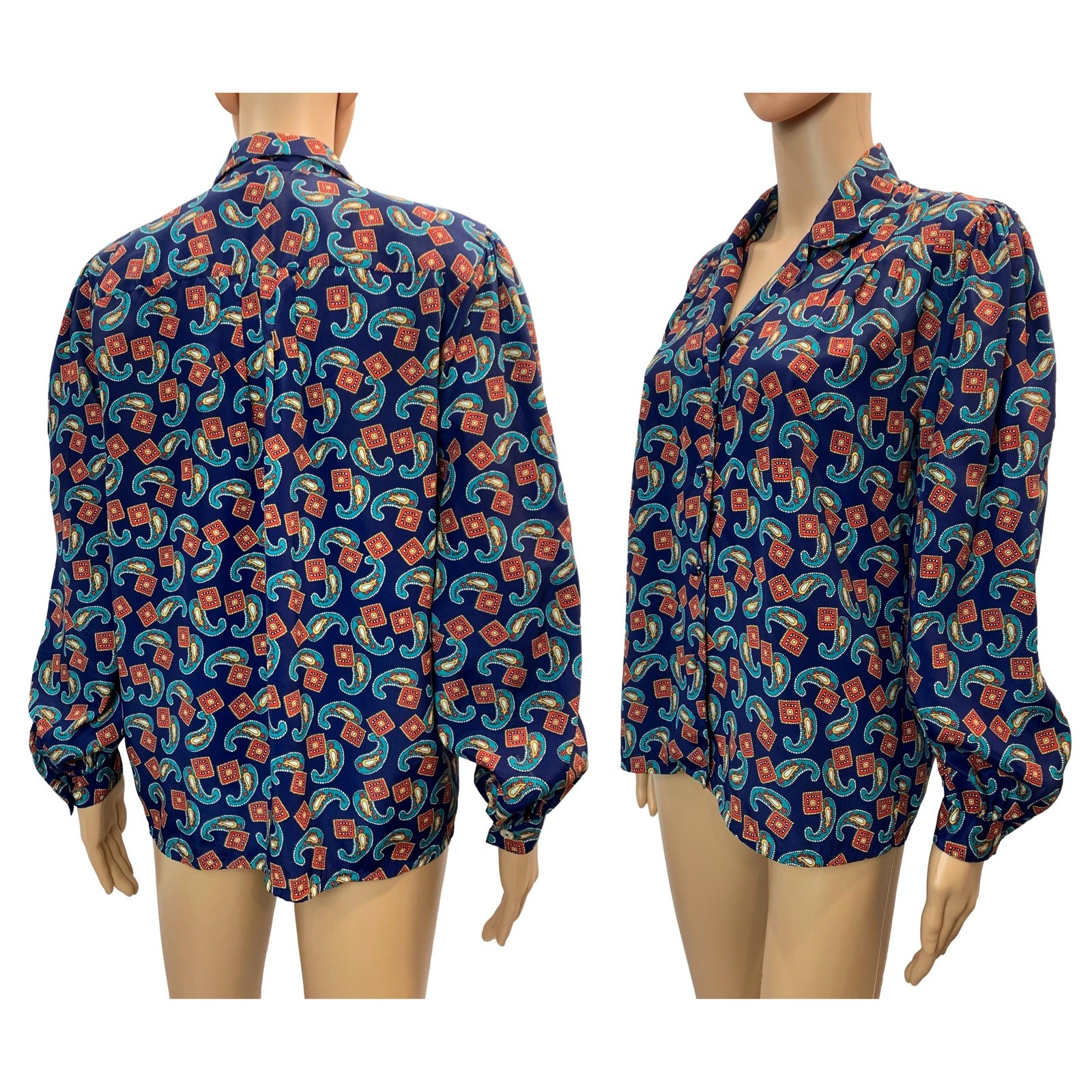 80s Silky Paisley Print Blouse Blue Teal Red Gold Josephine Size 6