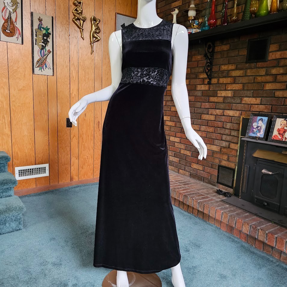 Vtg 90s Goth Club Sheer Burnout Velvet Stretch Maxi Dress Evening Prom Gown S/M
