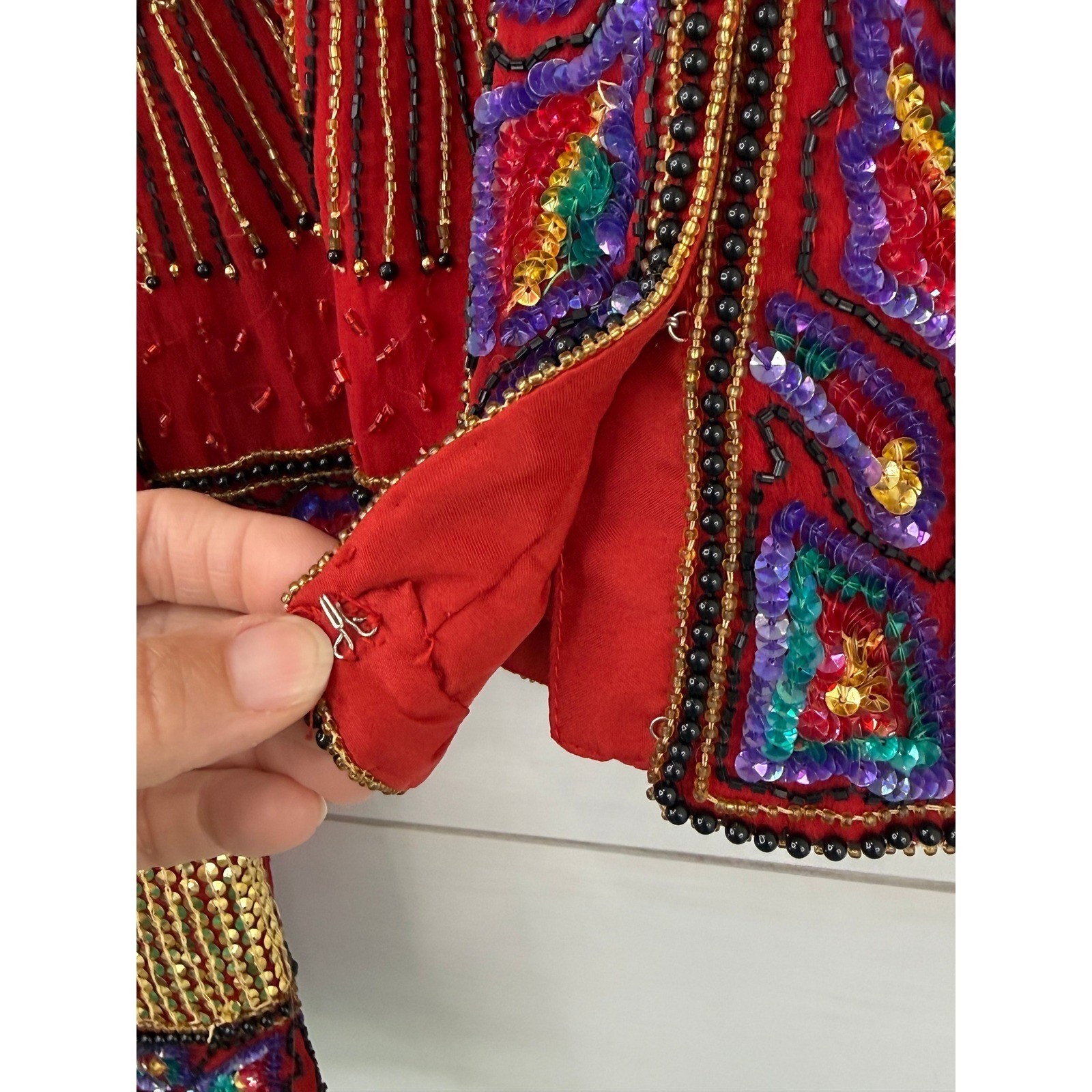 VINTAGE 80s Laurence Kazar Beaded Jacket Women M 100% Silk Sequin MAXIMALIST