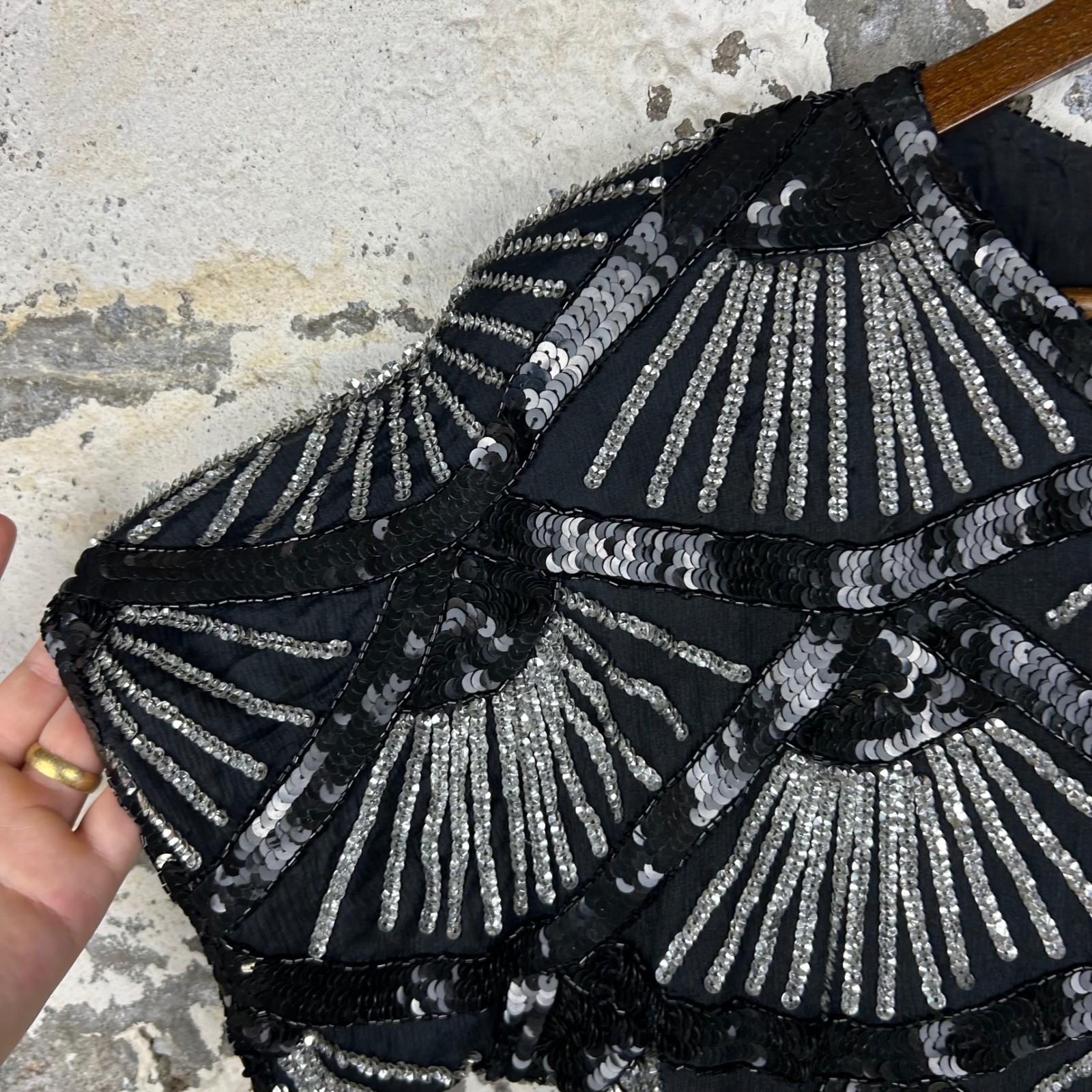 Vintage 80’s Joseph Le Bon Silk Sequin Art Deco Fan Blouse Black Silver XL