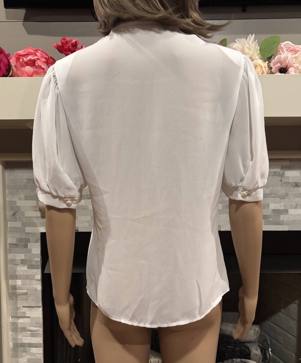 Vtg 50’s white sheer nylon chiffon embroidered secretary geek tailored blouse