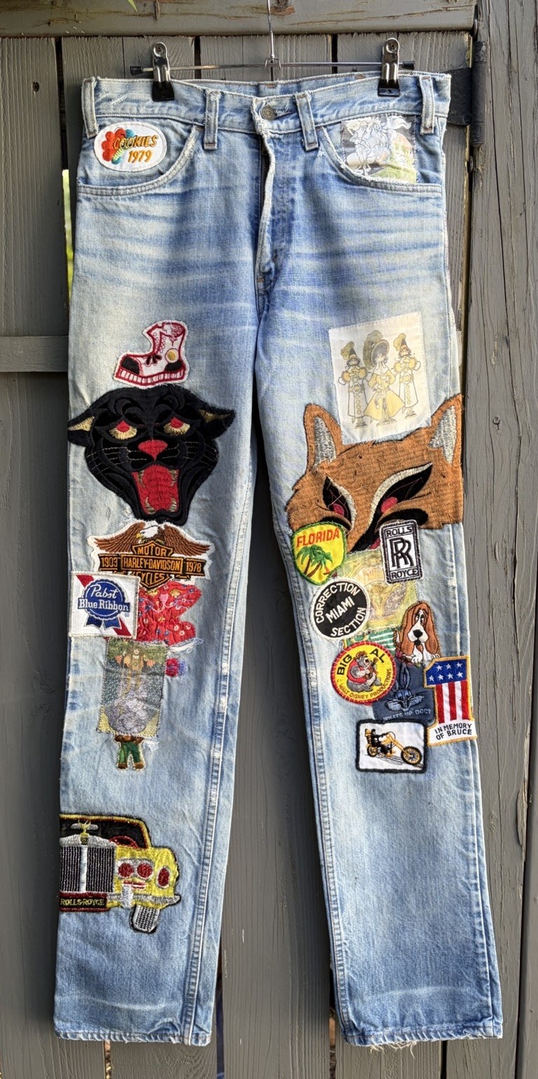 Vintage 1970s Levi Patchwork Denim Bohemian Hippie Jeans Glam Rocker 30×34