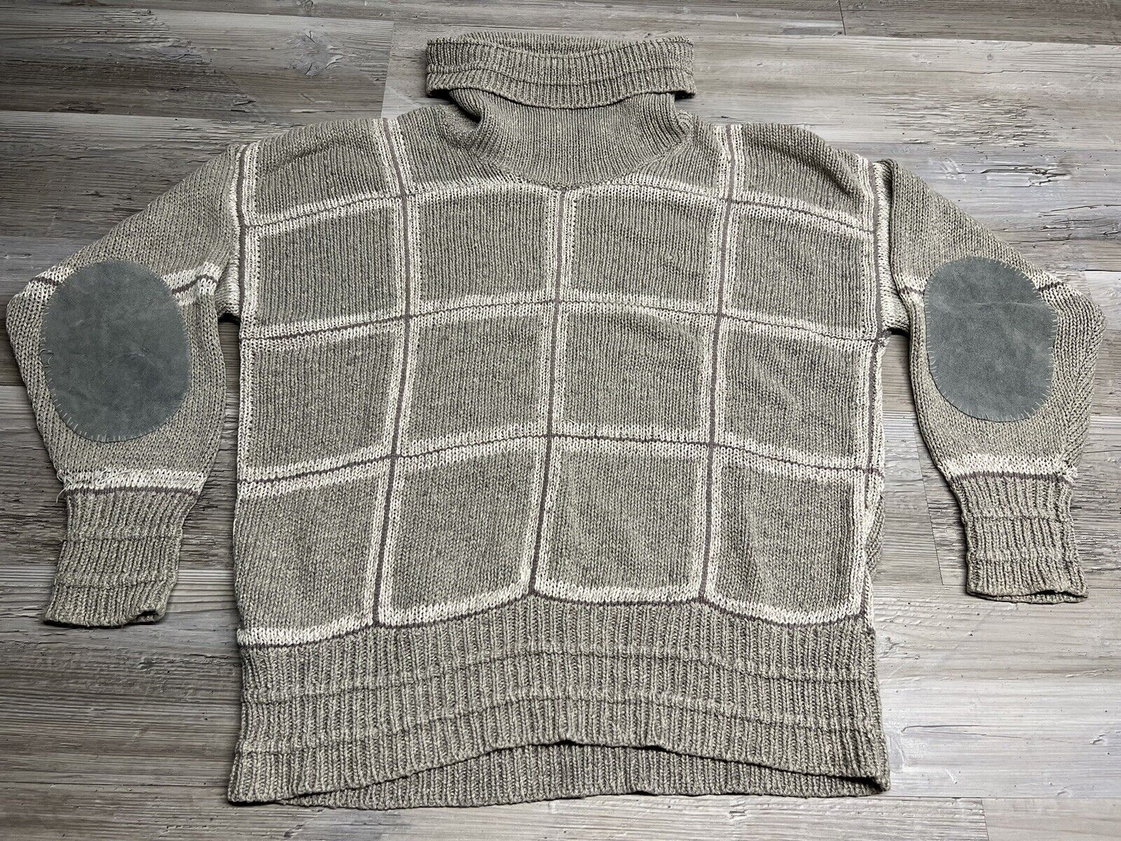 Vintage Gil Aimbez For L.e.I. knit Sweater XL Gray White Elbow Patches Squares