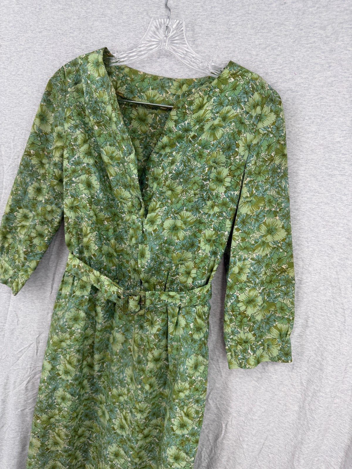 True Vintage 50s Floral Belted Blouson Dress Housewife Chic Green Brown
