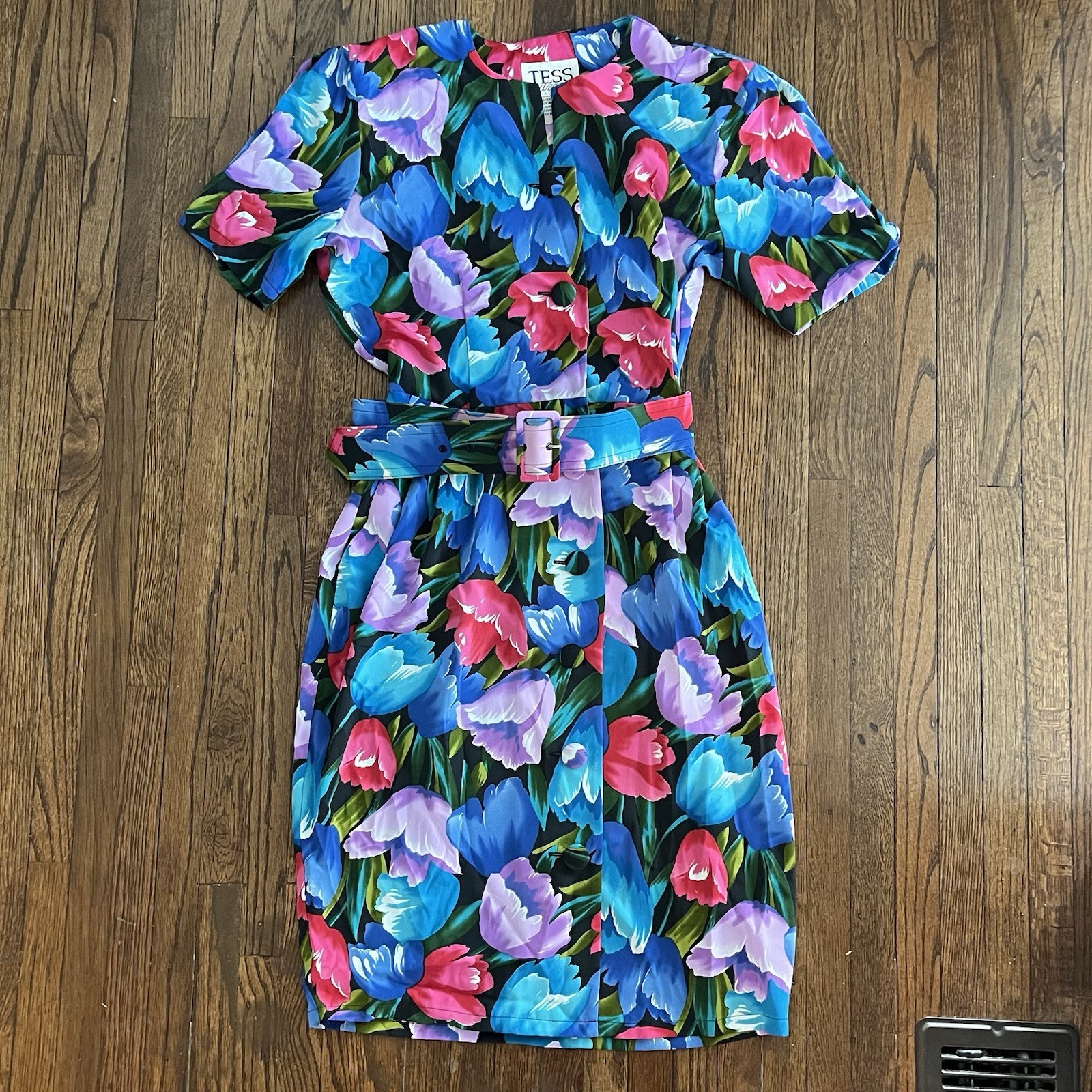 Vintage 80s Tess Dress Belted Bright Floral Midi Dress 8 petite