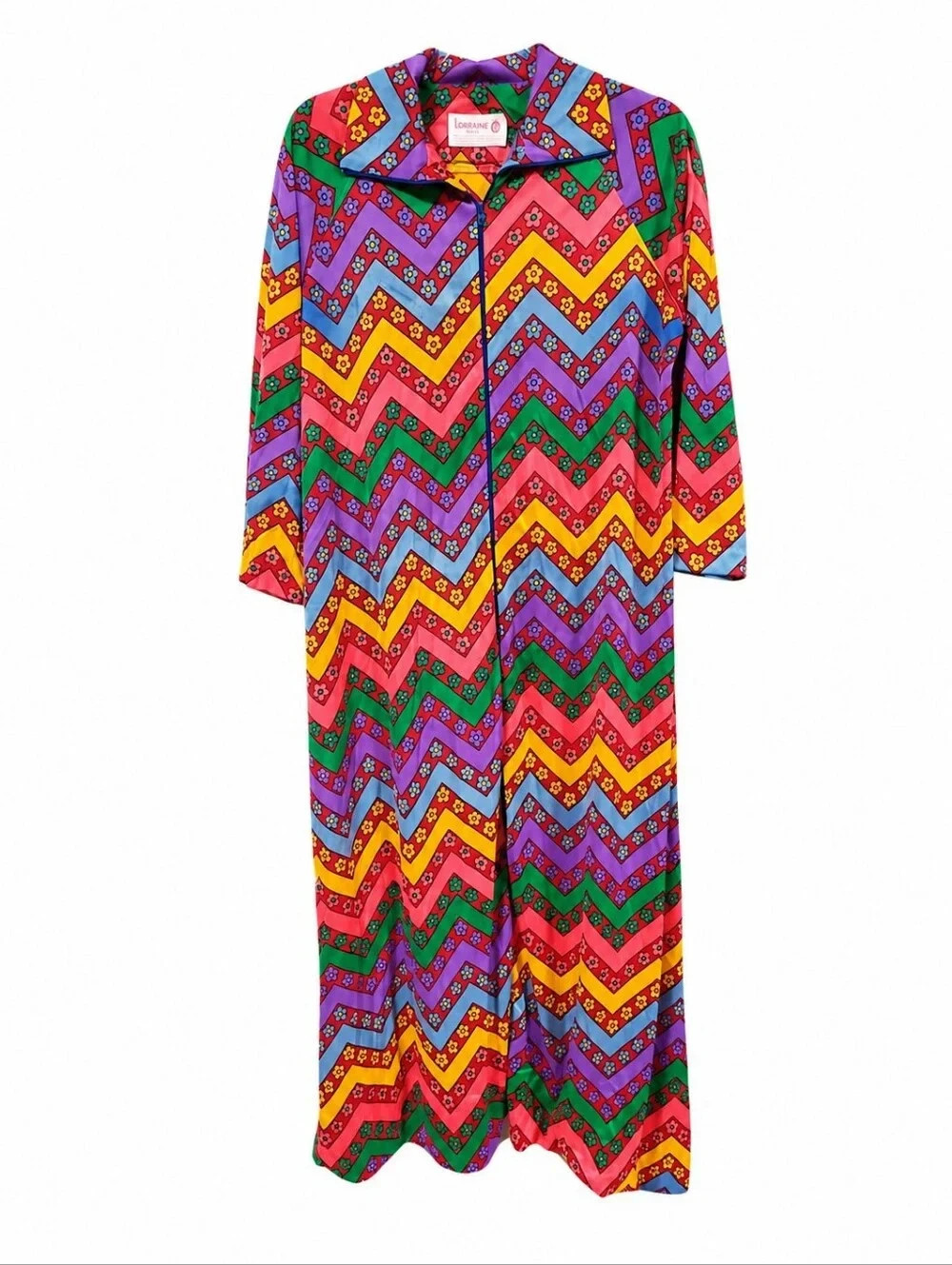 Vintage Lorraine Bright Chevron Floral Housecoat Multicolor Psychedelic sz S 60s