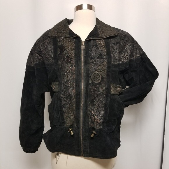 Vintage 90s y2k Winlit Black Suede Leather Southwestern Native Bomber Jacket Sm