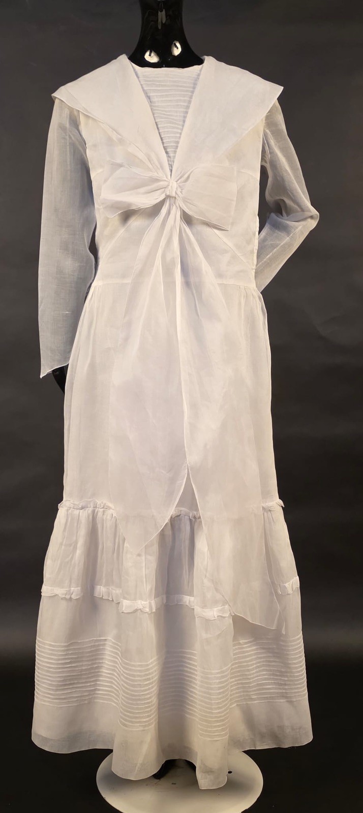 1940’S SHEER WHITE ORGANDY OVER TAFFETA DRESS W SAILOR STYLE COLLAR + MEGA BOW