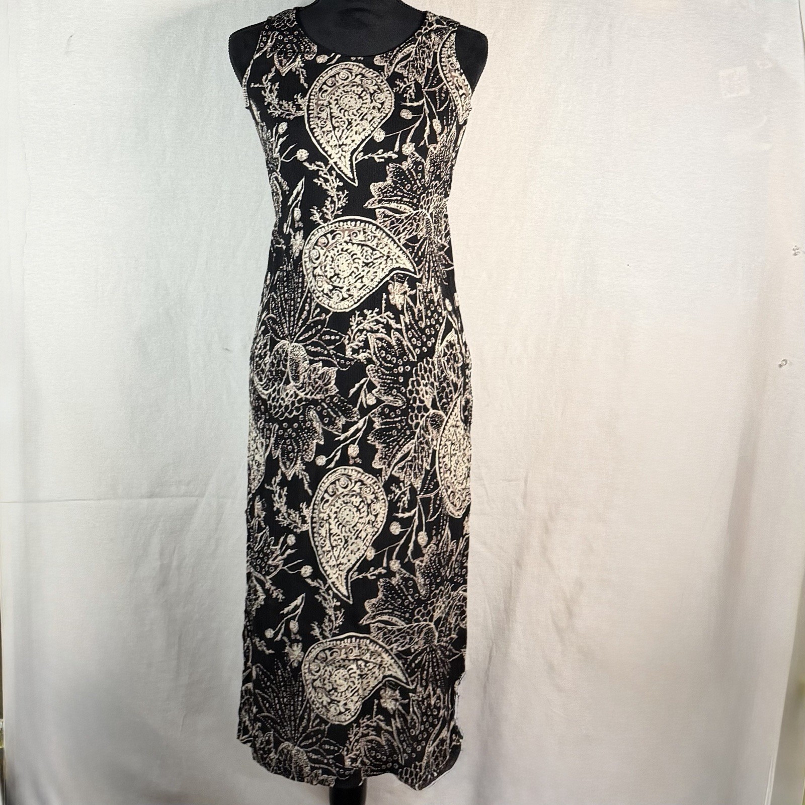 Vintage Boho T & Co 100% Rayon Black Ivory Paisley Sleeveless Midi Dress Sz 4P