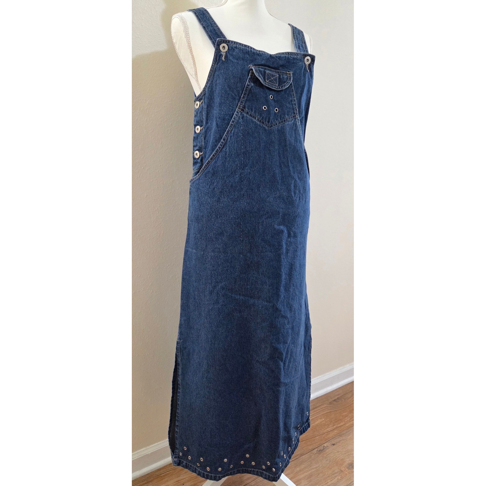 Sunshine Apparel Vintage Denim Overall Maxi Dress Dark Wash Grommet Detail Small