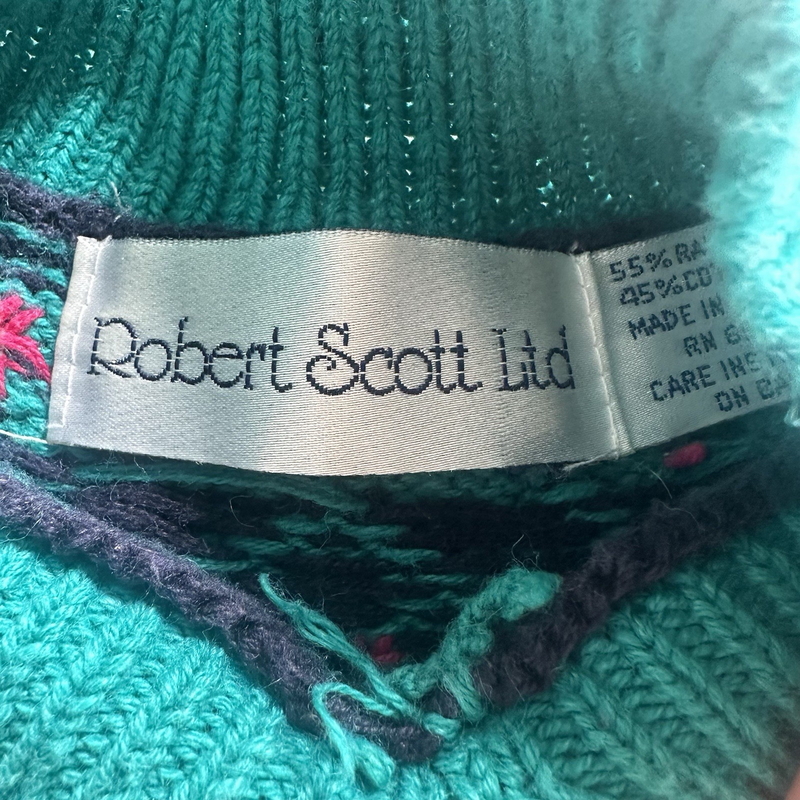 VTG 80s 90s Robert Scott Ltd Teal Knit Floral Embroidered Collared Sweater Sz M