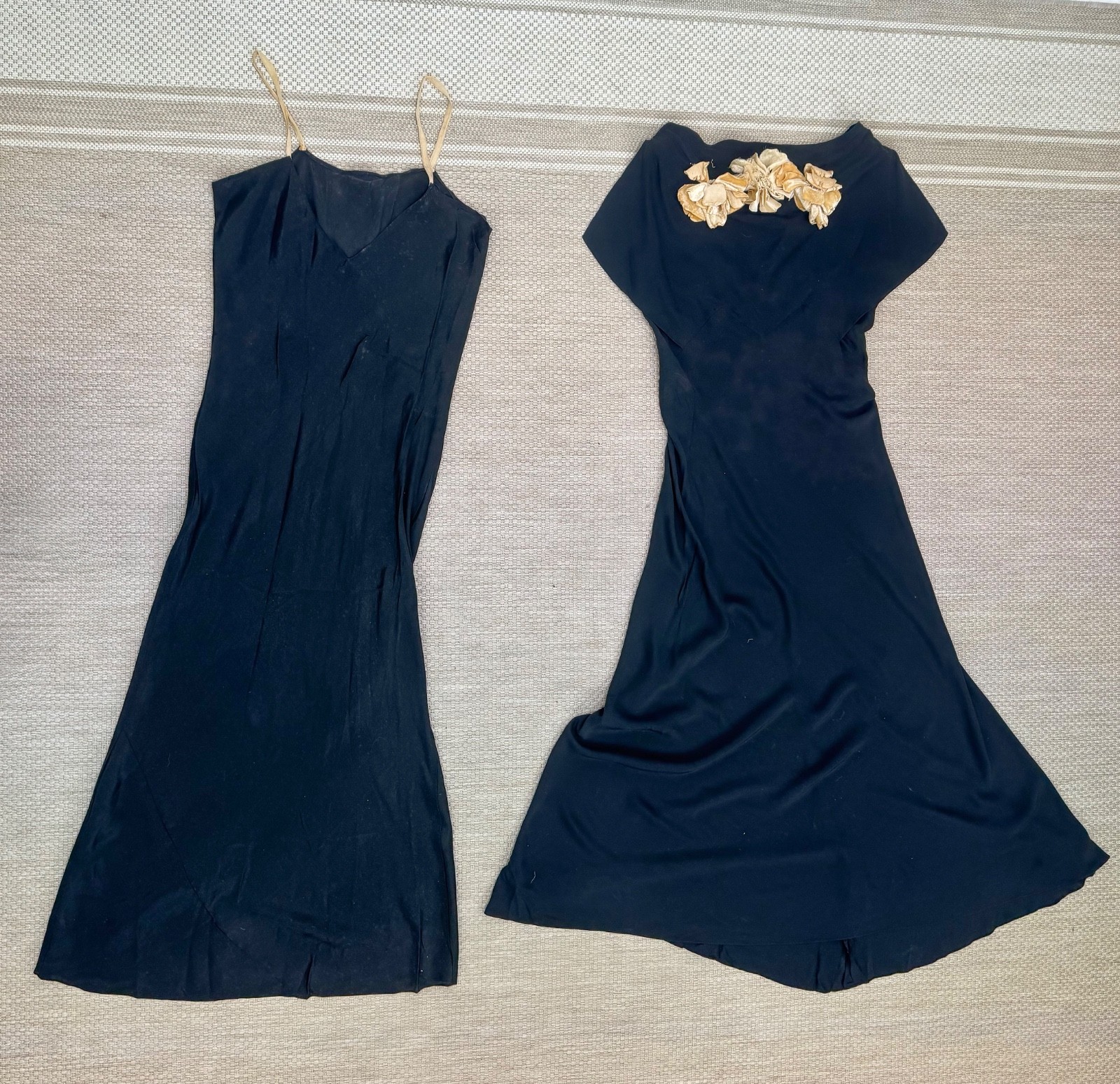 Antique 1920s 1930s Black Silk Gown Full Length Creme Velvet Flower Appliques