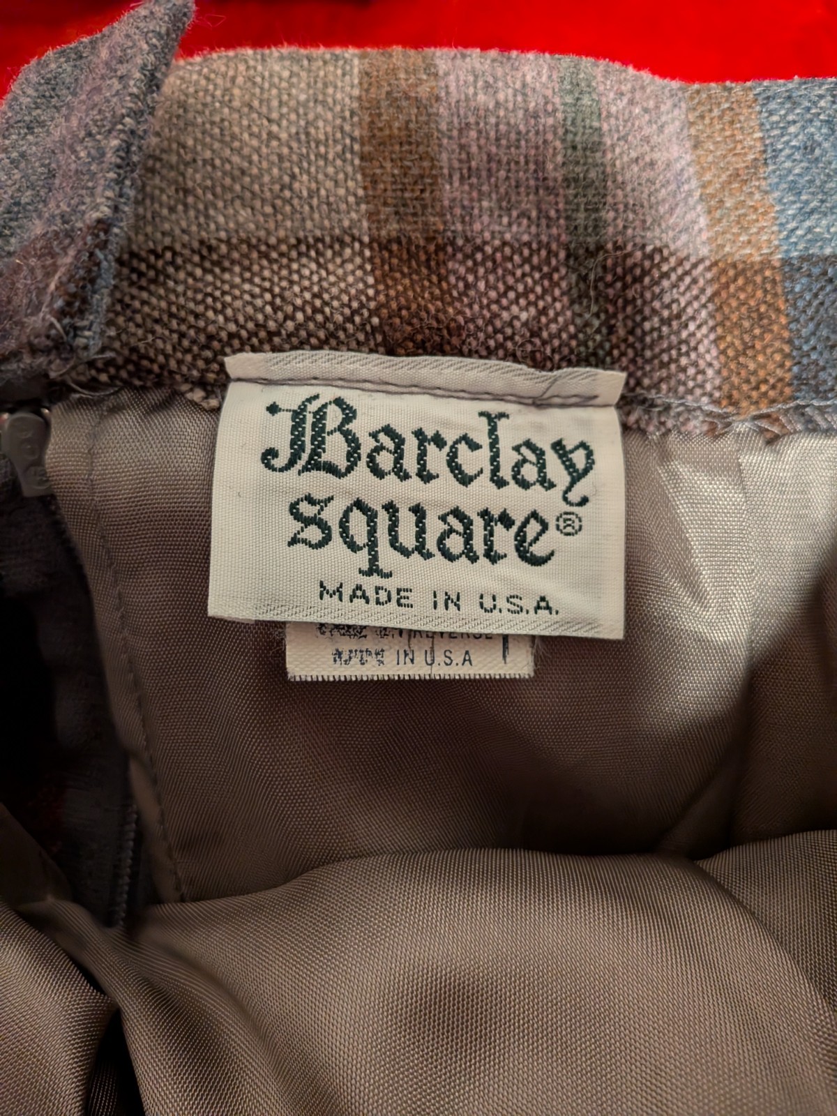 vintage wool blend plaid midi skirt set; Barclay Square, red black white brown