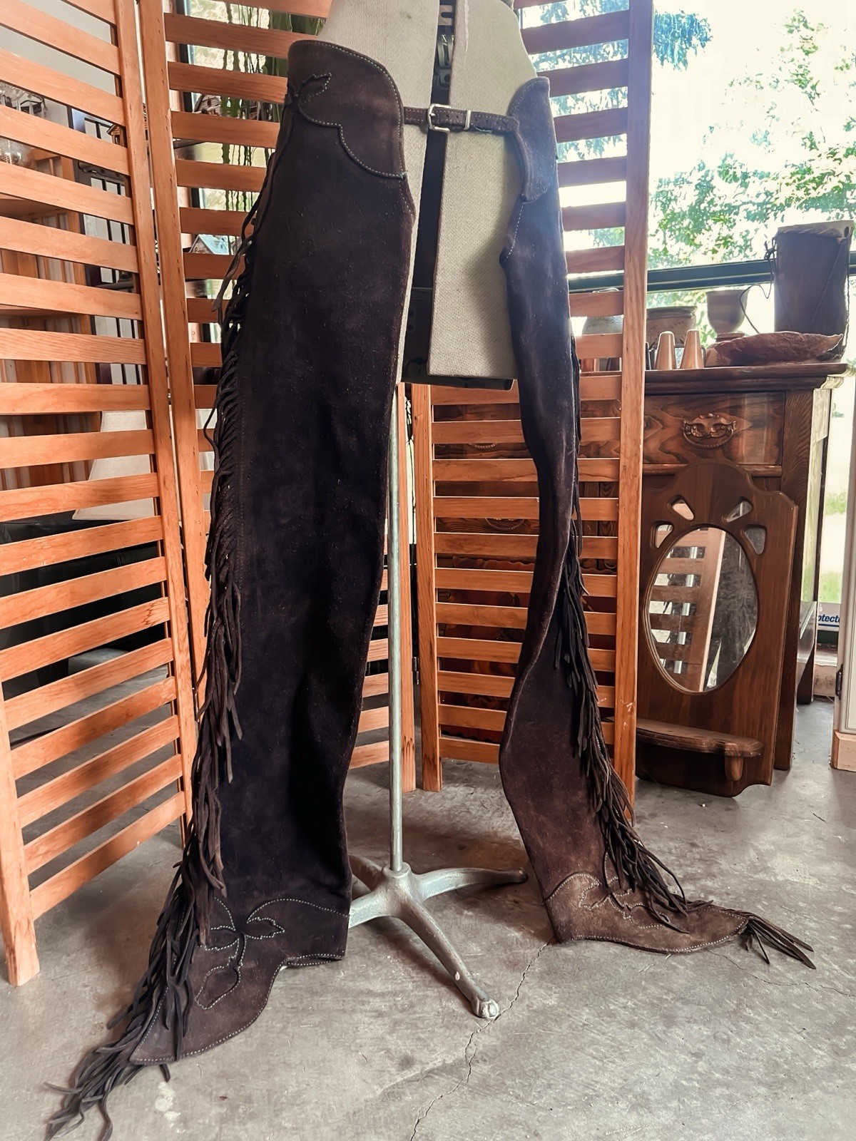 Vintage Handmade Plum Suede Chaps With Floral Detail and Brass Zippers