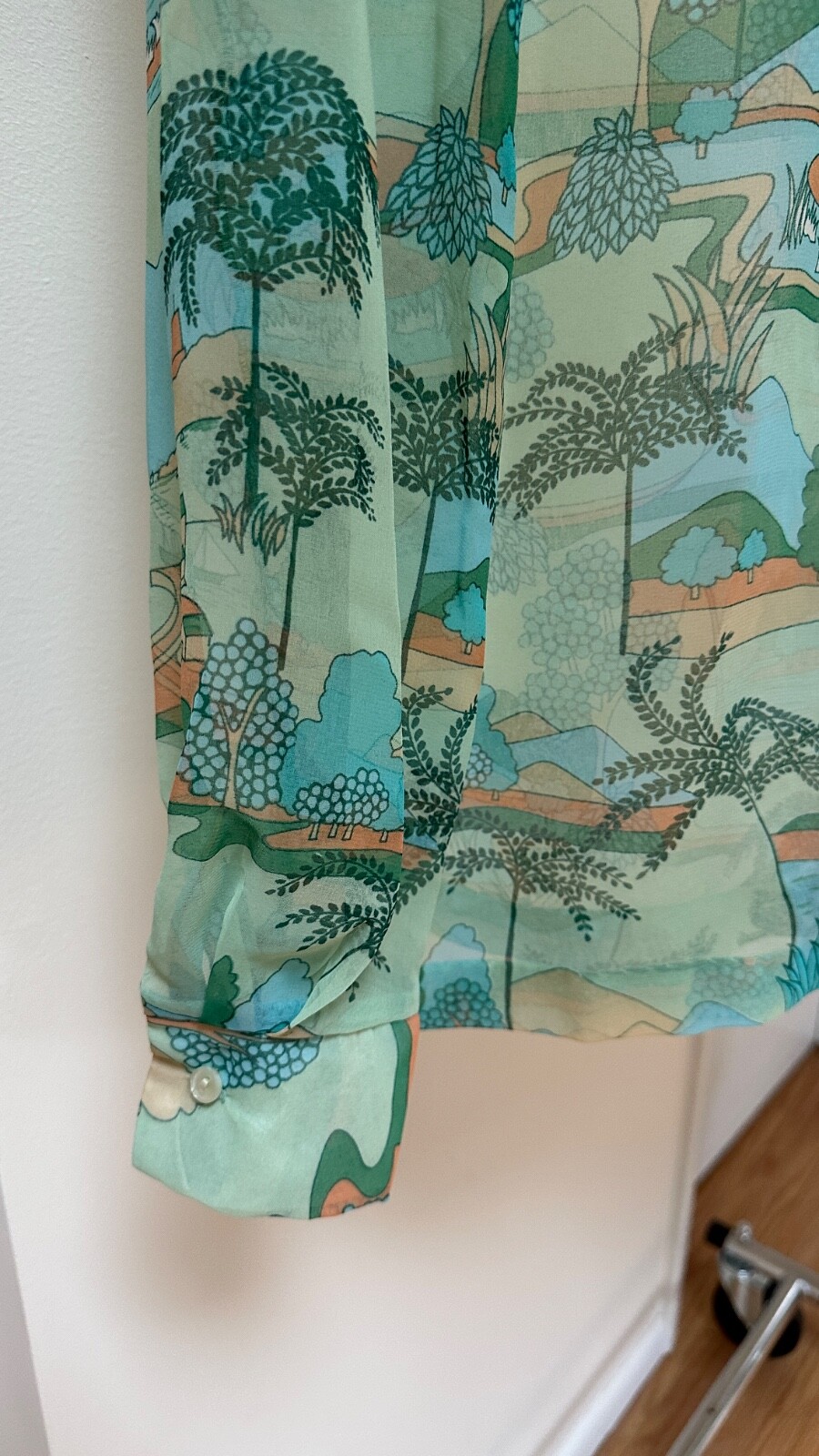 Sheer Button Down Shirt Aqua Dreamy Print Elegant Leisure Translucent Retro (M)