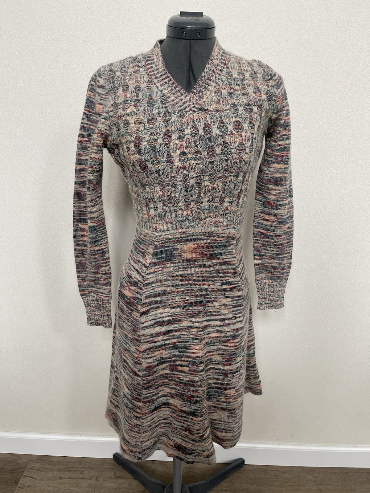 Vintage 70’s Mother Nature Arpeja Multi Color Knit V Neck Sweater Dress