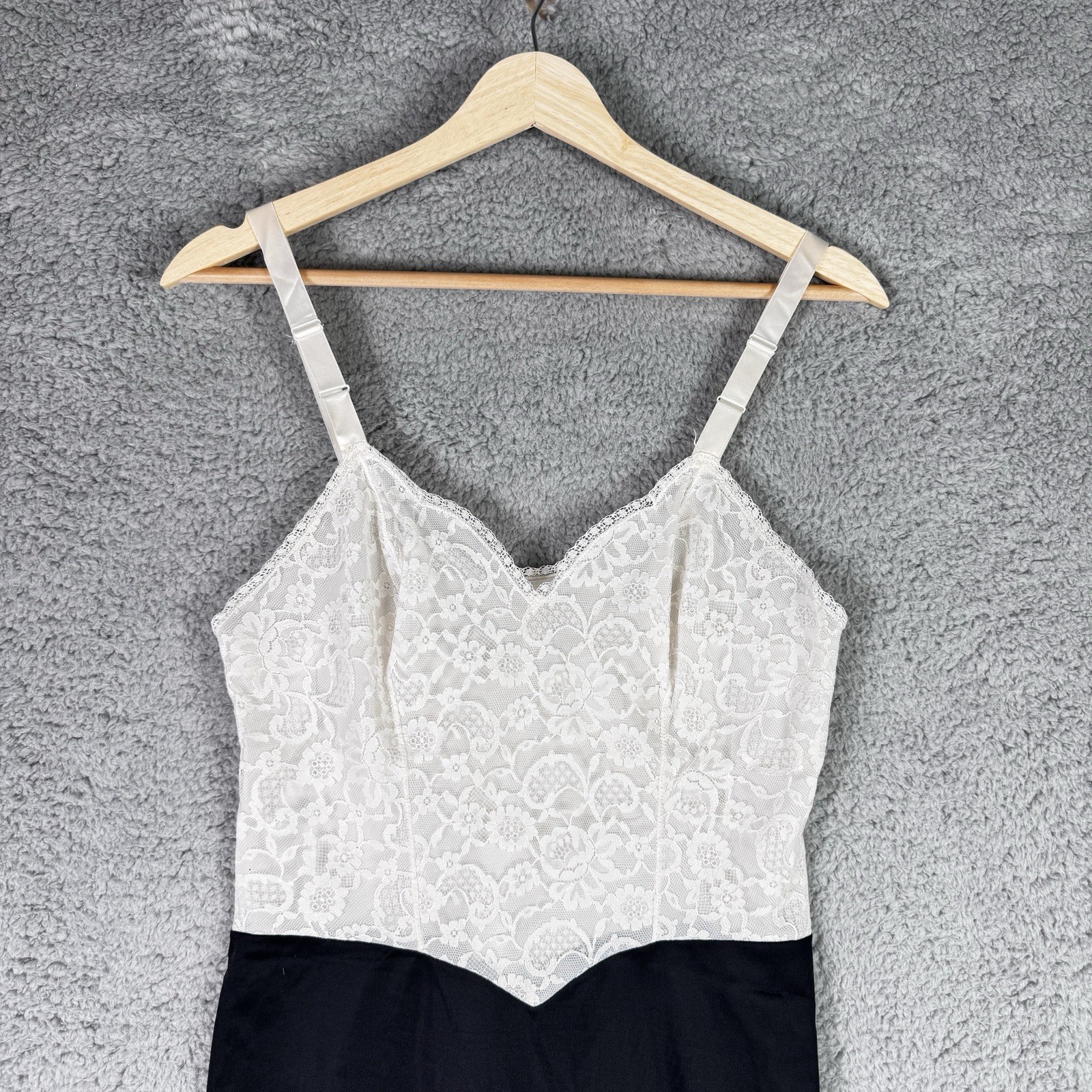 Vintage 1950s Vanity Fair Tricot Nylon Lace Tuxedo Slip Dress Size 32 Adjustable