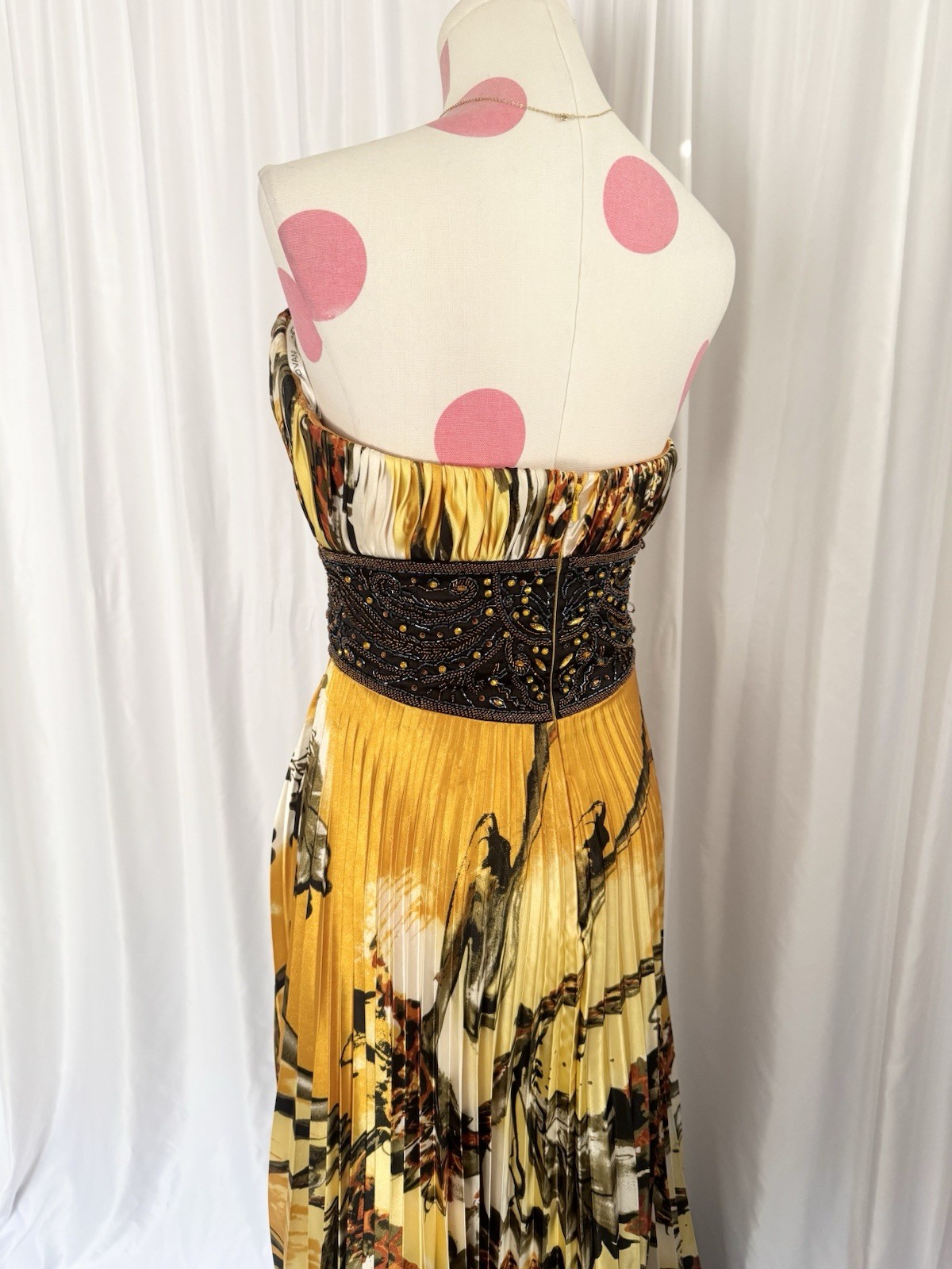 Vintage Yellow Leopard Floral Beaded Sequin Pleated Formal Gown Dress 14 Jovani