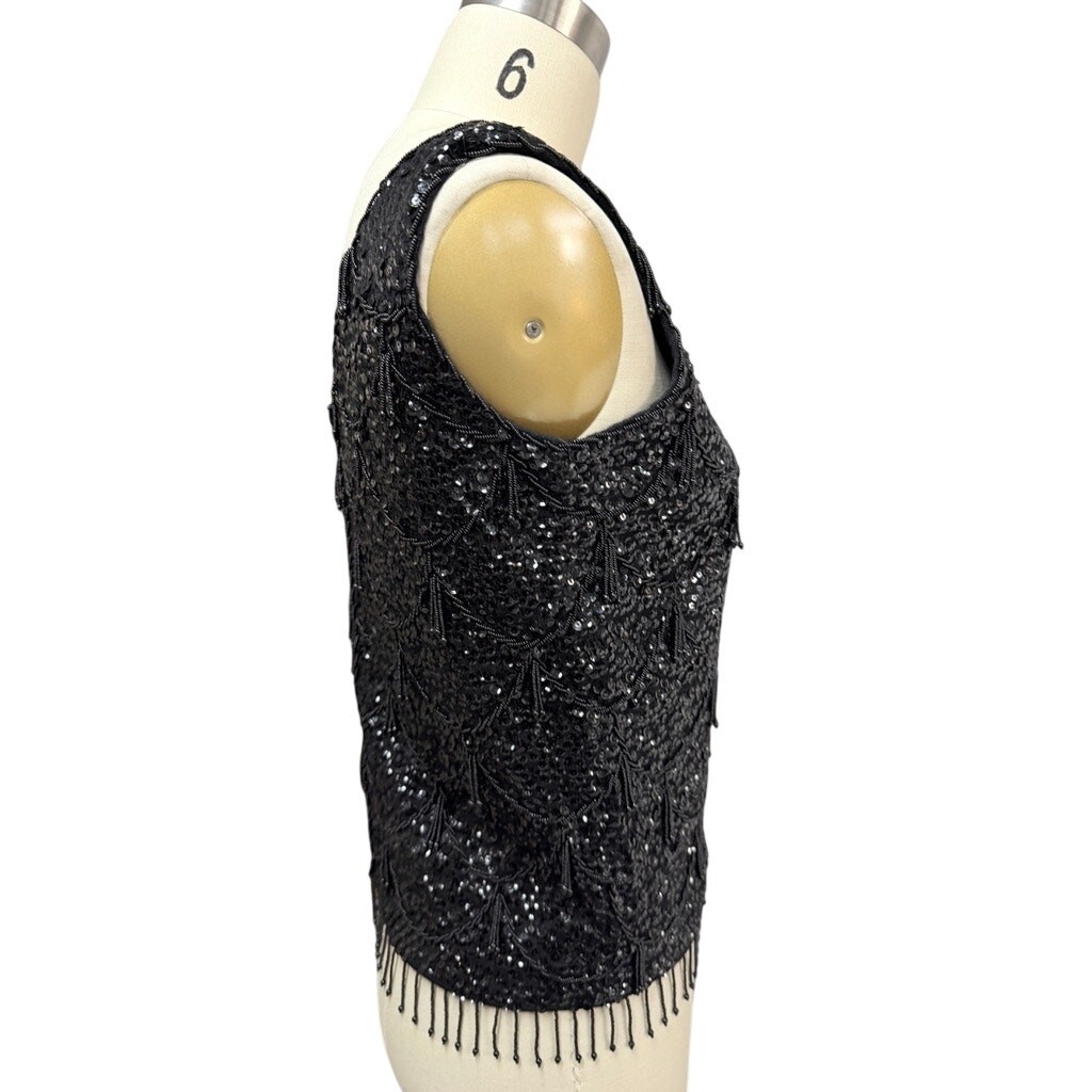 VTG 1950s Black Sequined Beaded Shell Top Wedding Cake Tassels Wool S