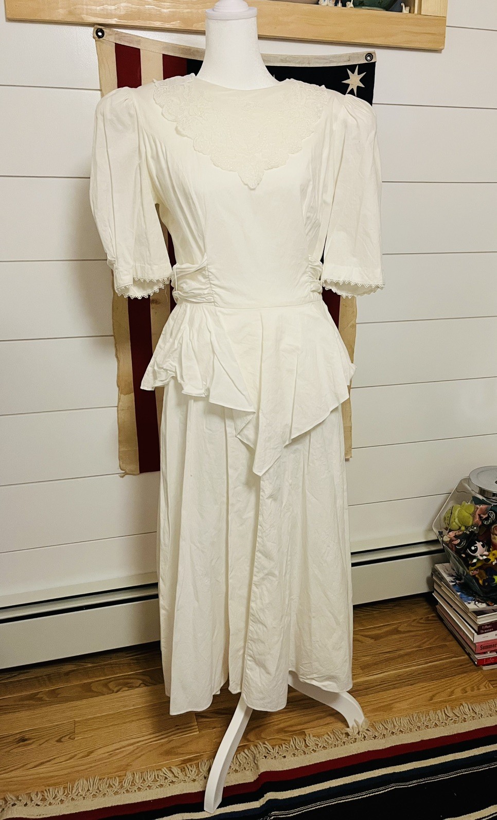 Dawn Joy Fashions Vintage Cottagecore Dress Ruffles white with lace traid
