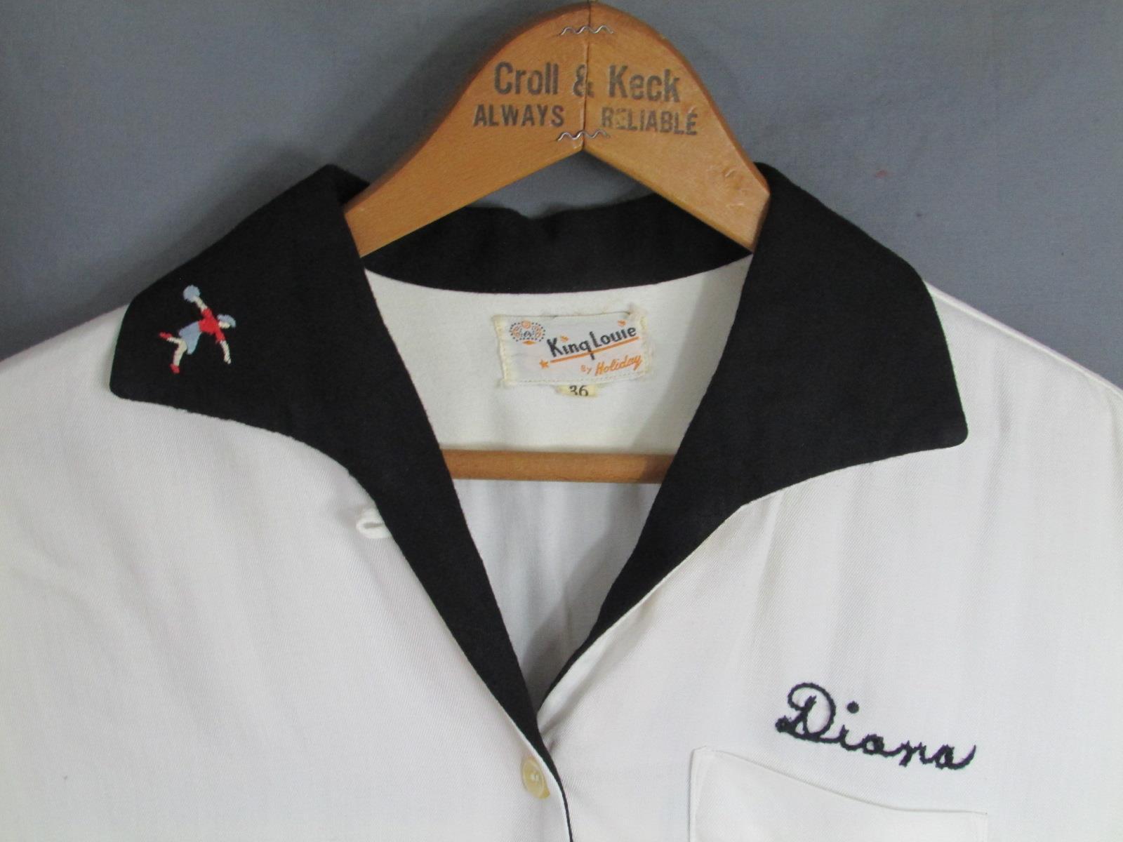 Vintage 1950s King Louie Bowling Shirt Rayon Gab Wht/Blk South Hanover Lanes PA.