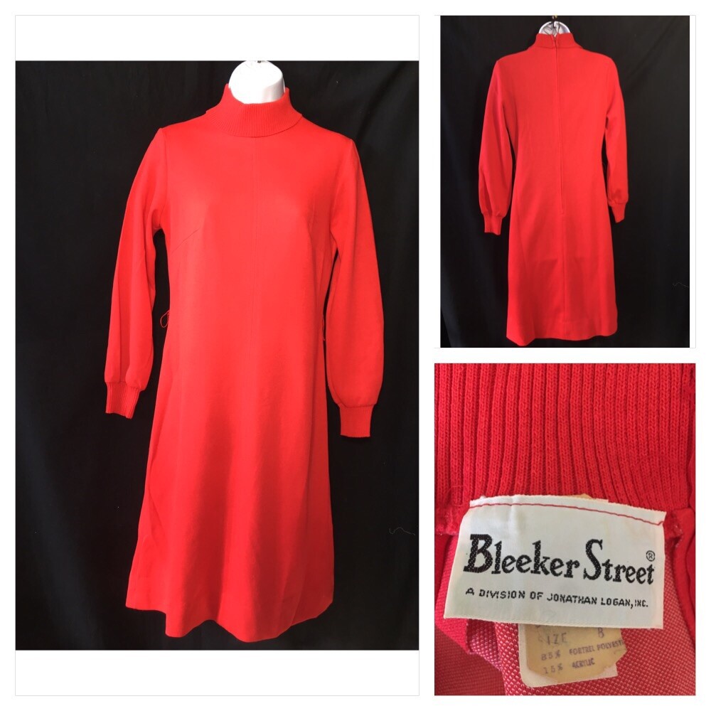 Vtg 1960s 70s Bleeker Street Solid Red Sz 8 Mod Shift Dress Long Sleeve Poly
