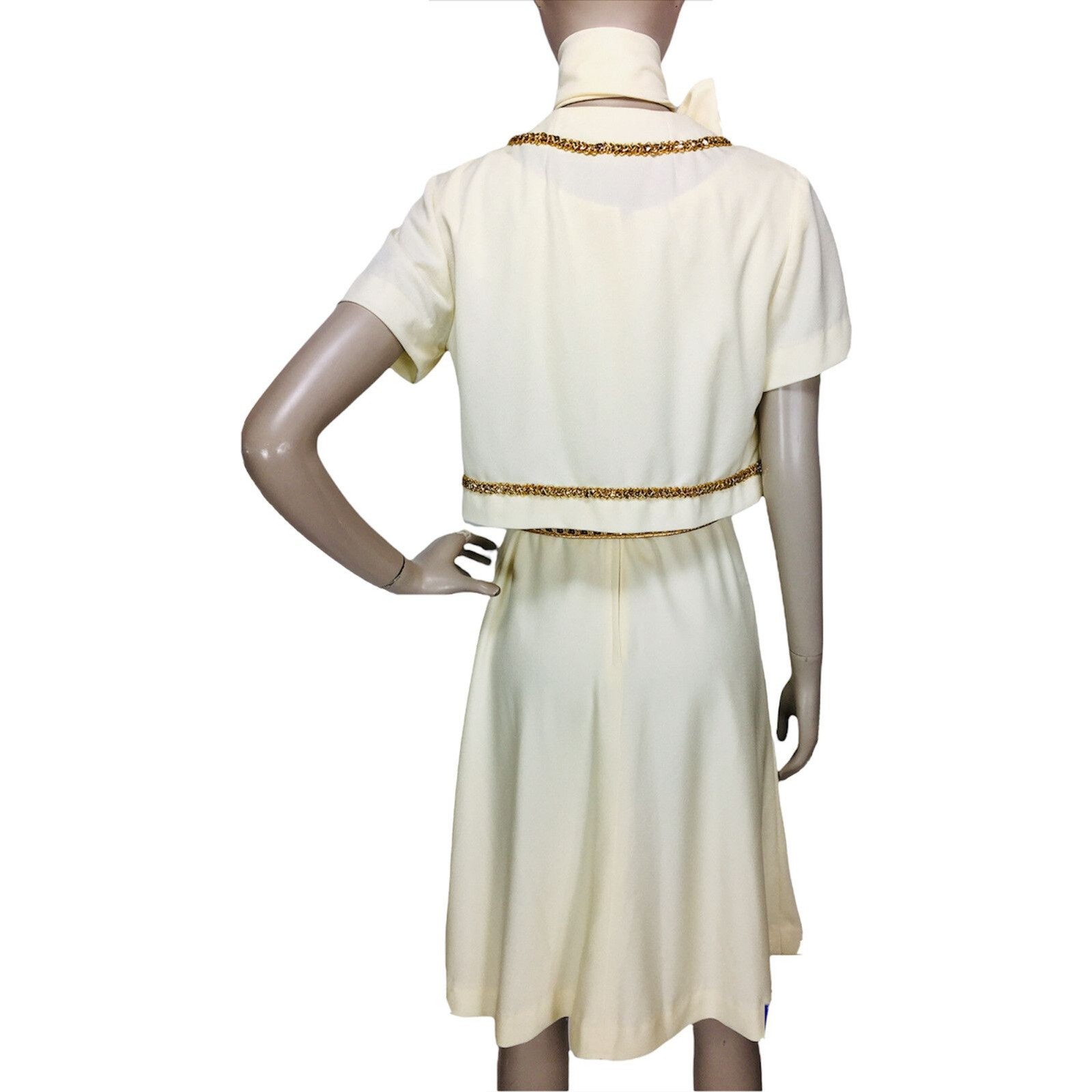 Vintage 60s Ivory & Gold Belted Dress Bolero Jacket Head Scarf 4 Piece Set