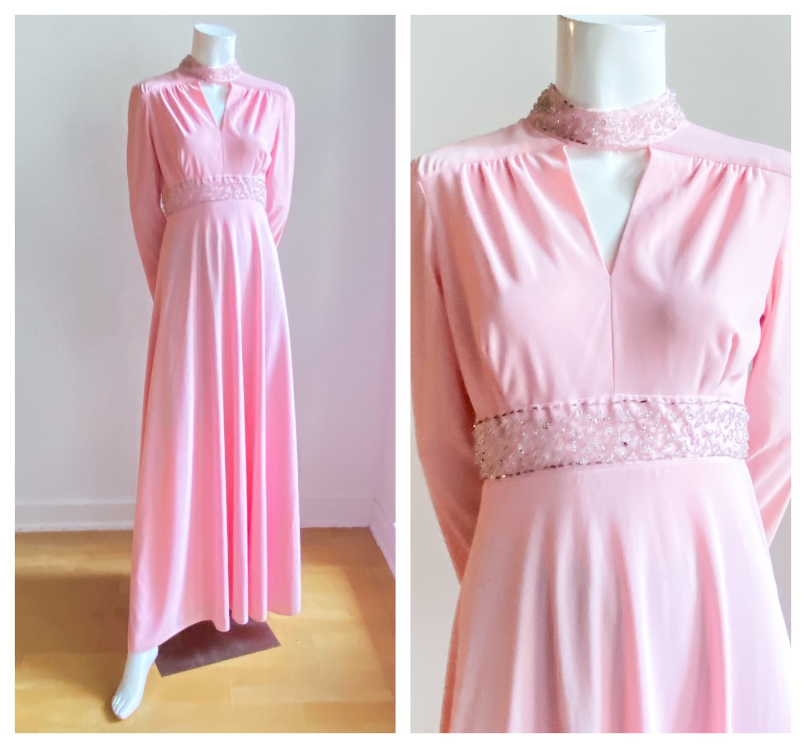 Vintage Sylvia Ann PAstel Pink Beaded Embroidered Fit and Flare Gown M