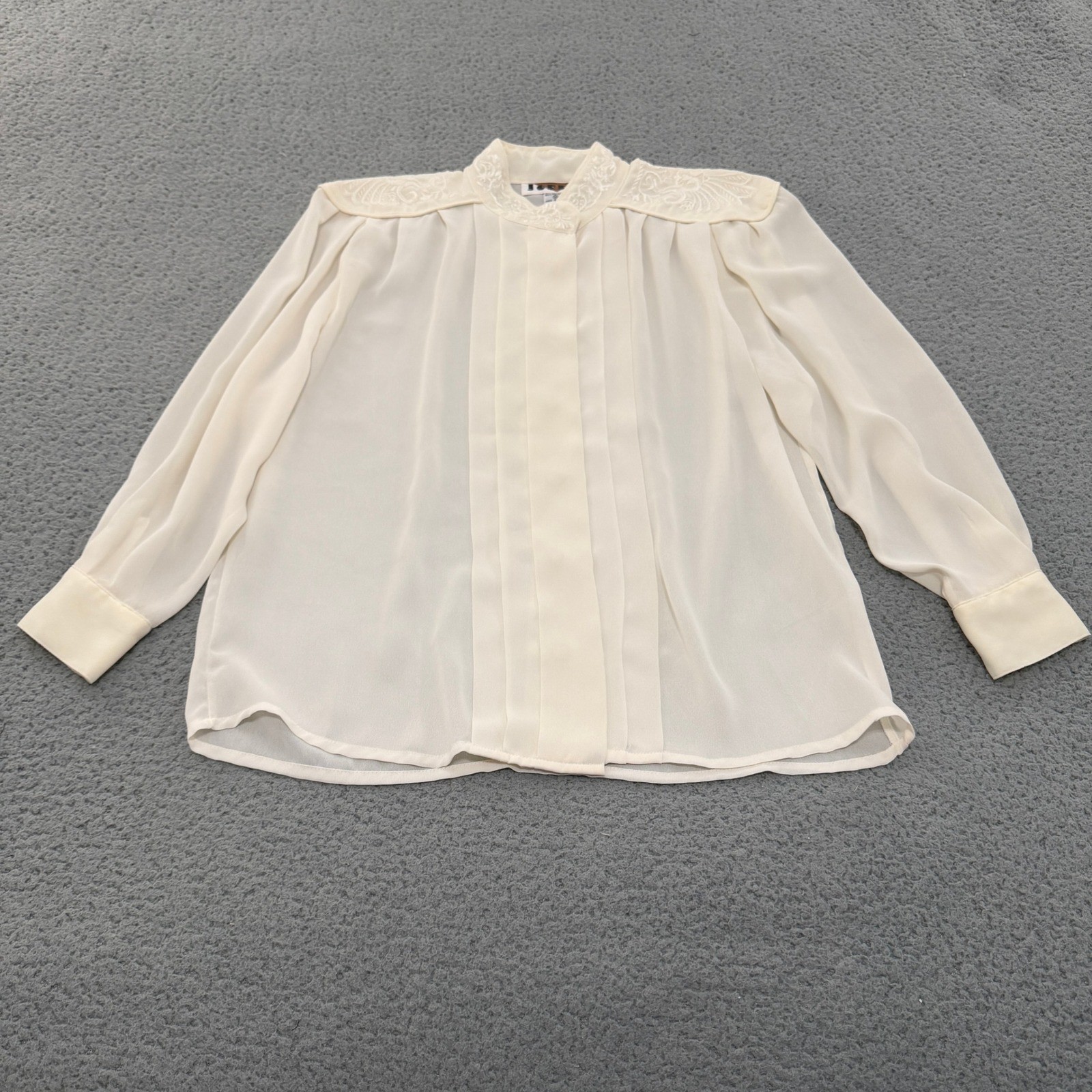Vintage Cream Pleated Embroidered Blouse Womens 10 Ivory Victorian Top Sheer
