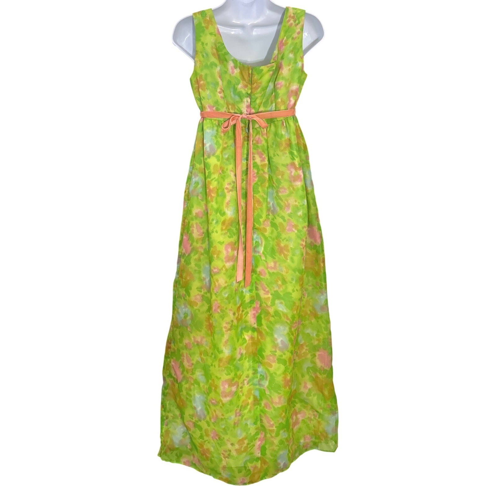 Vintage Green Floral Empire Waist Maxi Dress Mod 60s Pastel Cottagecore Fairy