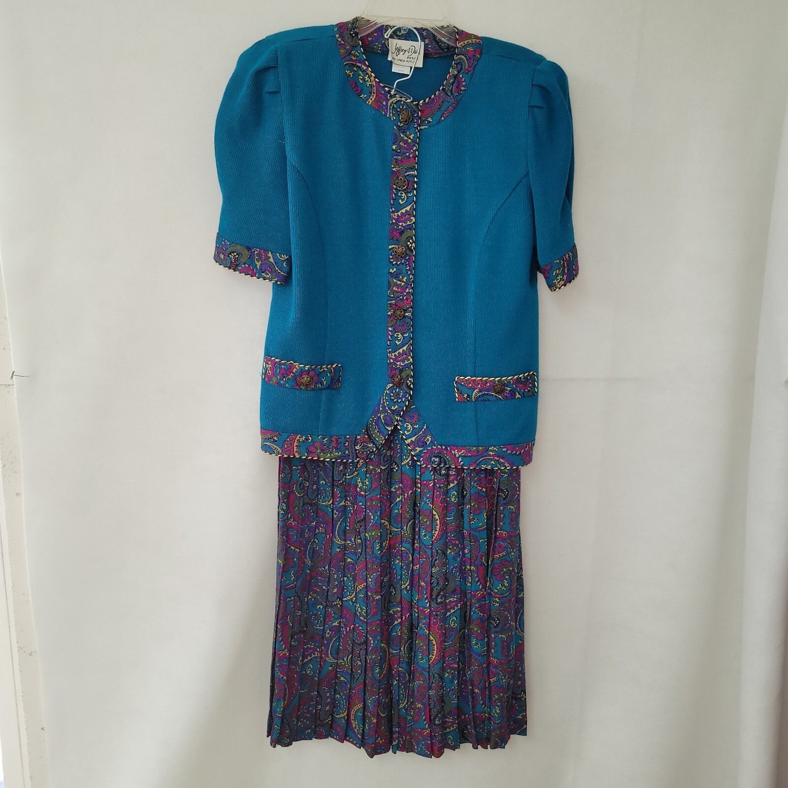 Jeffrey & Dara Skirt Suit Women 11/12 Petite Teal Paisley Vintage 2pc Set USA