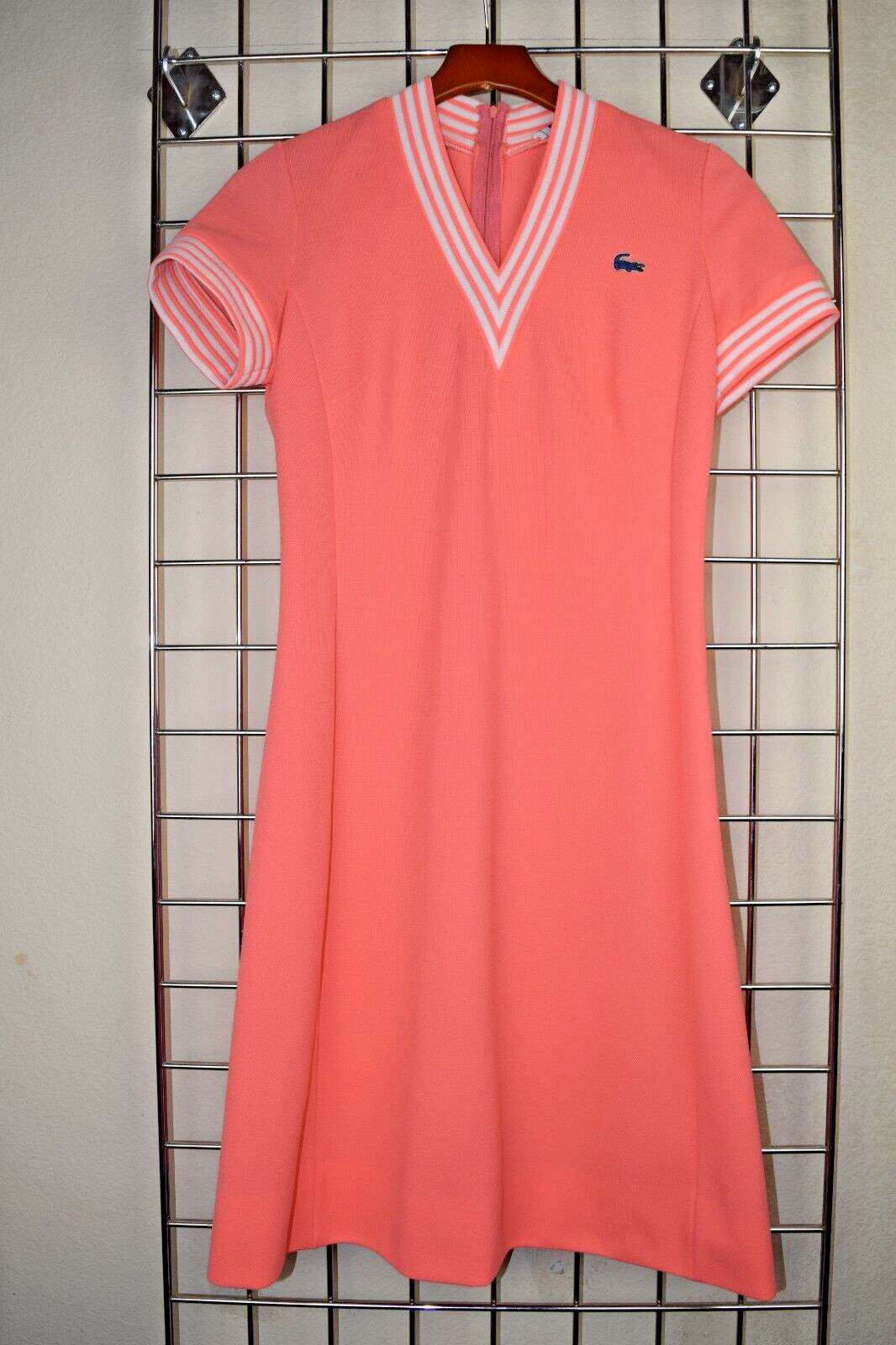 Lacoste Dress VTG 70s Chemise Lacoste Coral White V Neck Sleeve Trim S/M Poly
