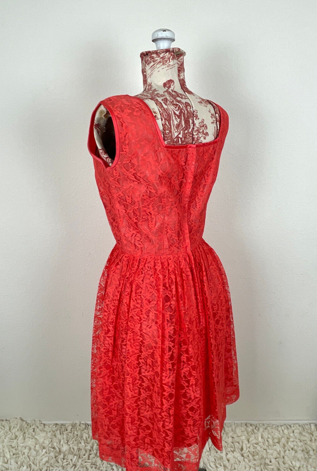 Vtg 50s CORAL LACE Dress J. Harlan Rockabilly Pinup Red Party Sheer Sexy 1950s