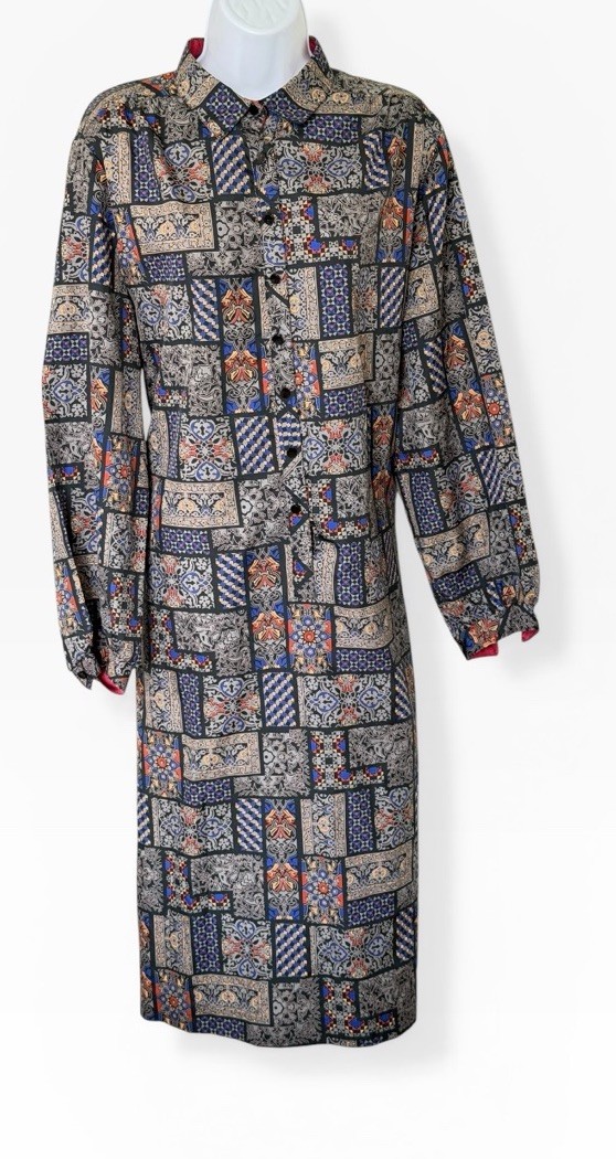 Vintage 70s Groovy Patchwork Print Shirt Dress 20 Long Sleeve USA