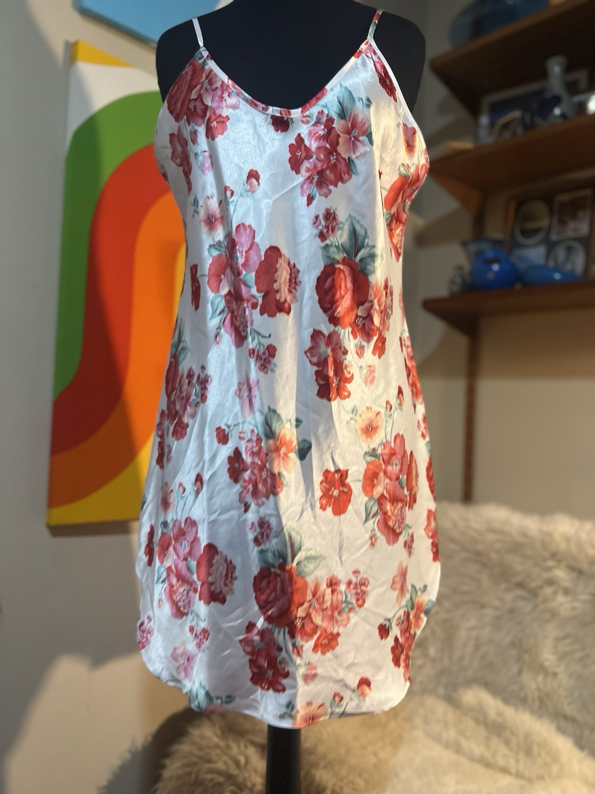 Vtg 90’s Farr West Style Hibiscus Floral Satin Slip Night Gown L USA Honors